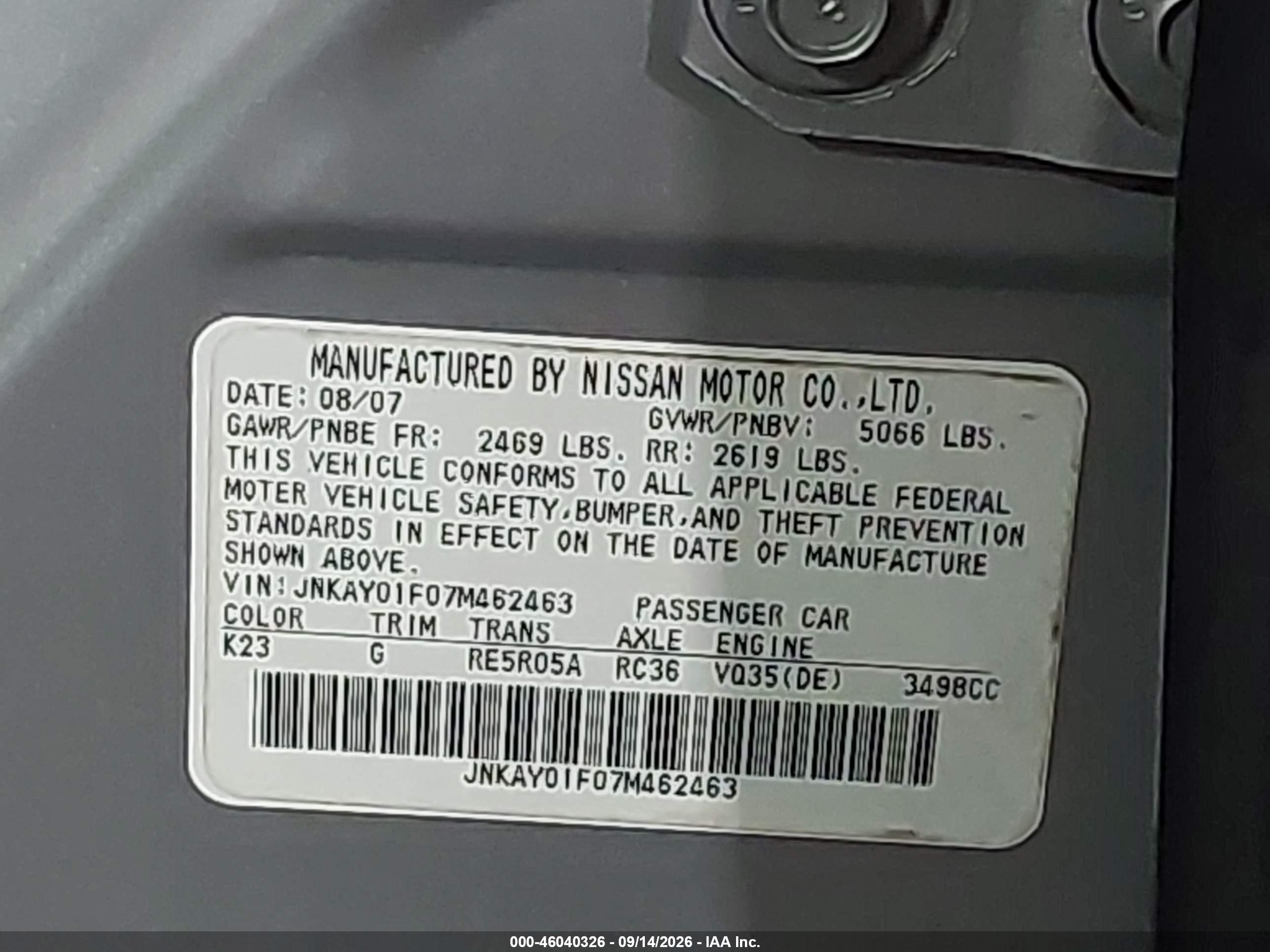 2007 Infiniti M VIN JNKAY01F07M462463 IAAI salvage auction — Front End, Clear (Virginia), sold $775 on 2026-09-26 (photo 9)