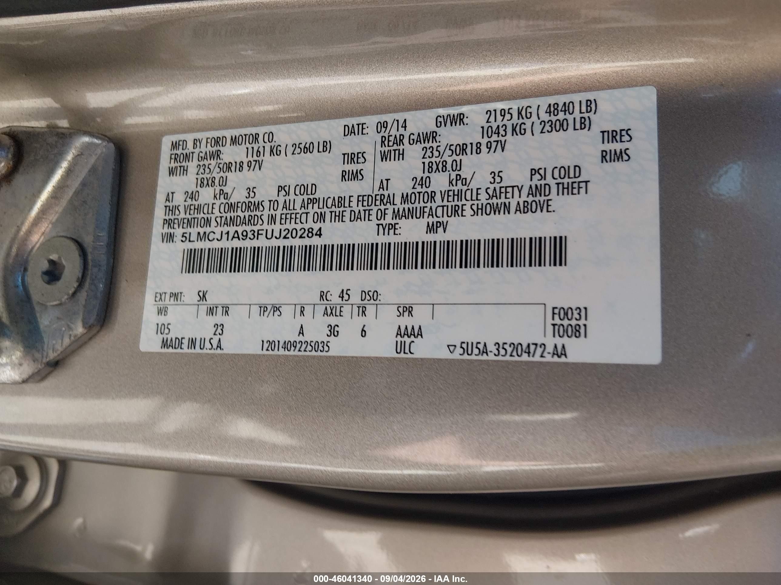2015 Lincoln MKC VIN 5LMCJ1A93FUJ20284 IAAI salvage auction — Rear End, Salvage (Idaho), sold $850 on 2026-09-19 (photo 9)
