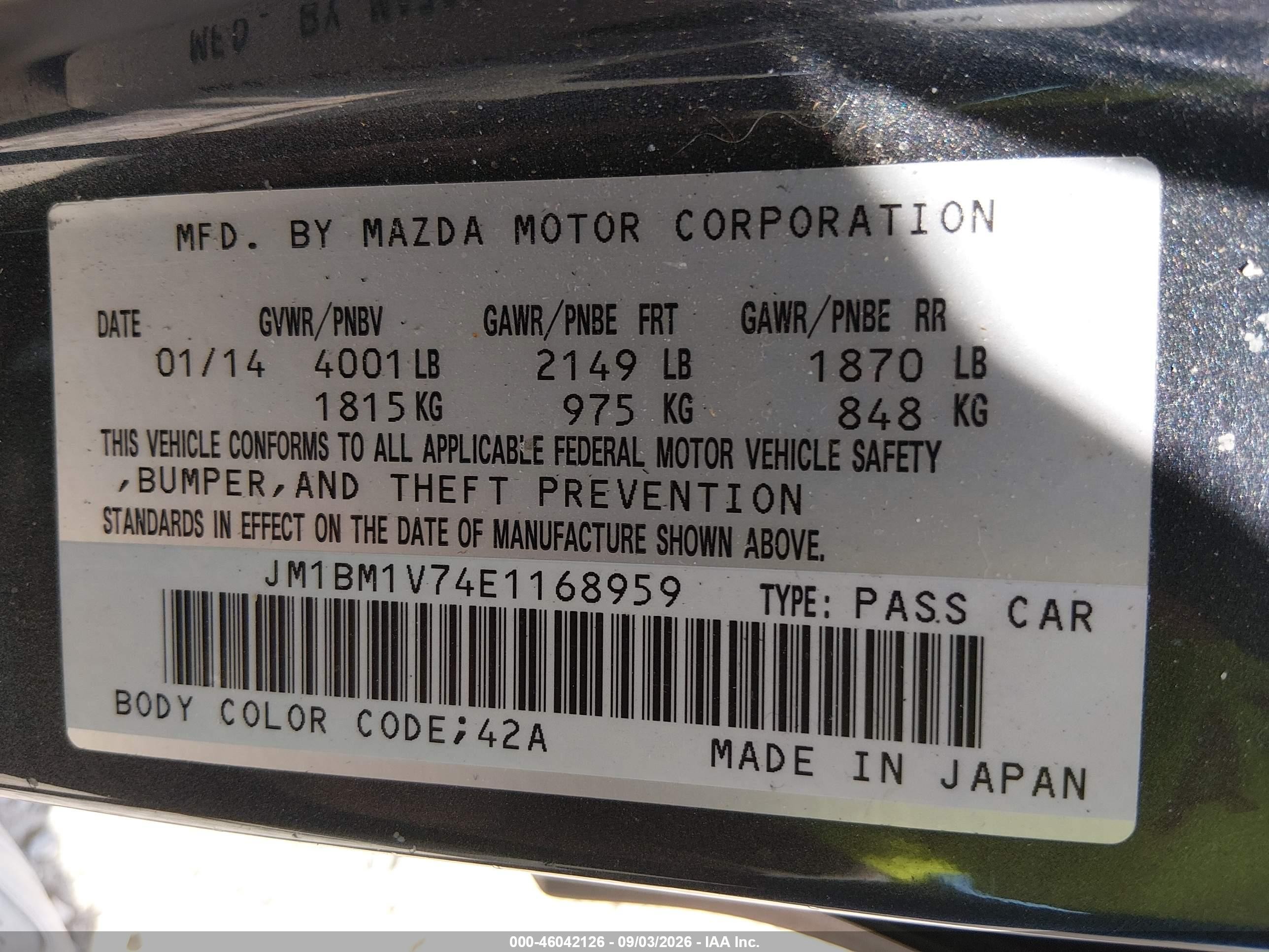 2014 Mazda 3 VIN JM1BM1V74E1168959 IAAI salvage auction — Front & Rear, Salvage (Ohio), sold $800 on 2026-10-08 (photo 9)