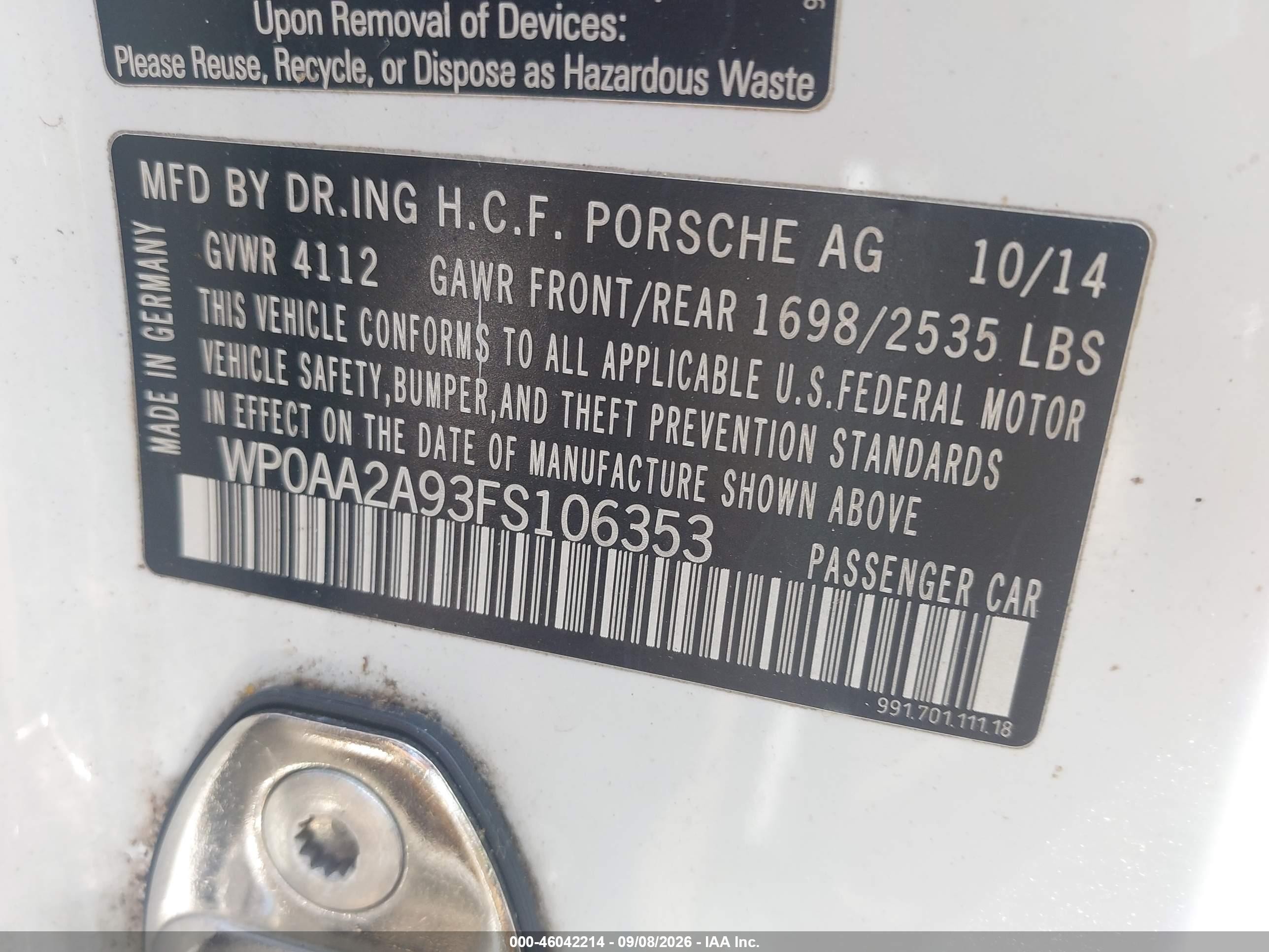 2015 Porsche 911 VIN WP0AA2A93FS106353 IAAI salvage auction — Front End, Salvage (Alabama), sold $34,250 on 2026-09-19 (photo 9)