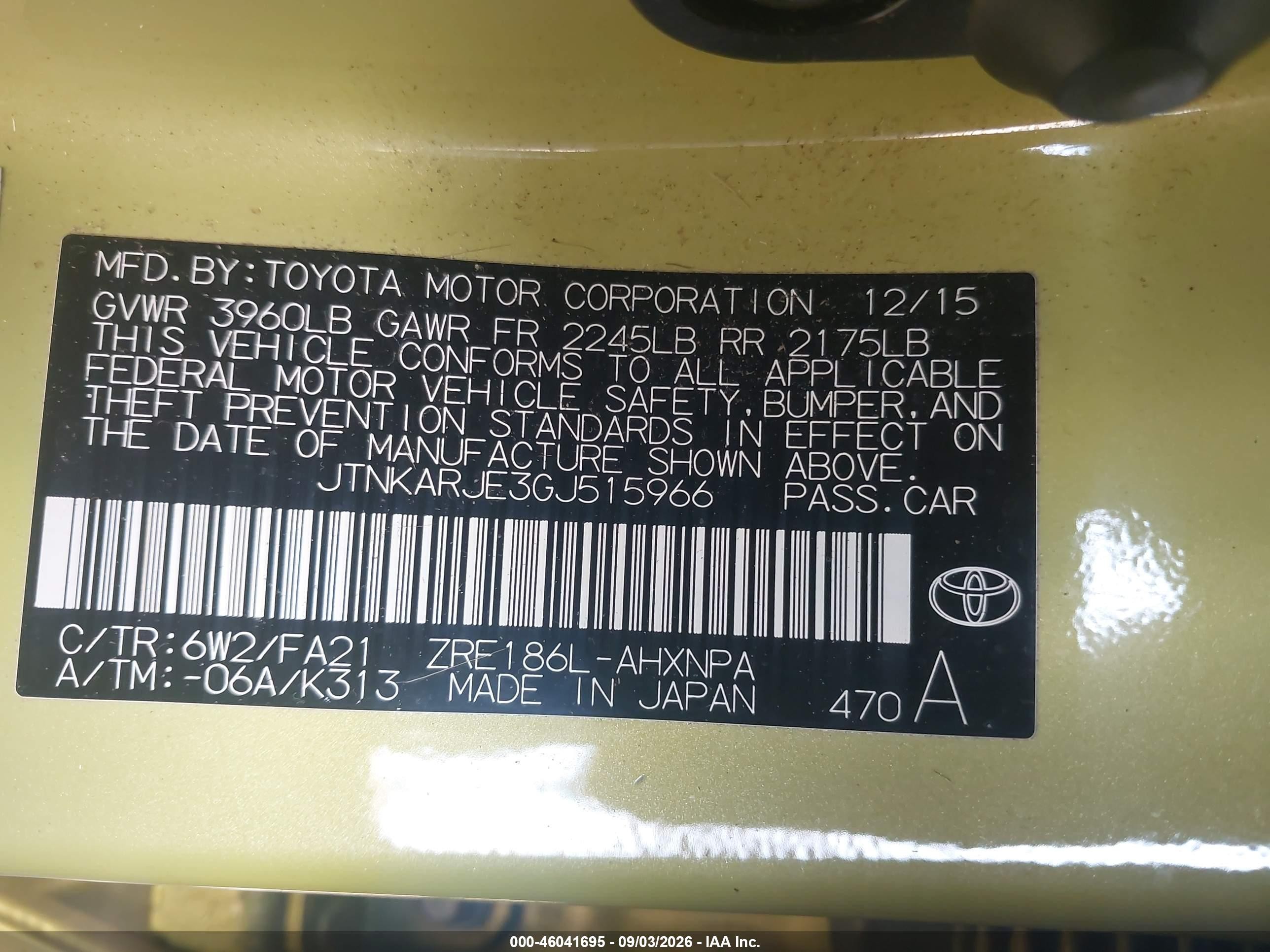 2016 Scion Im VIN JTNKARJE3GJ515966 IAAI salvage auction — Front End, Salvage (Idaho), sold $2,650 on 2026-09-15 (photo 9)