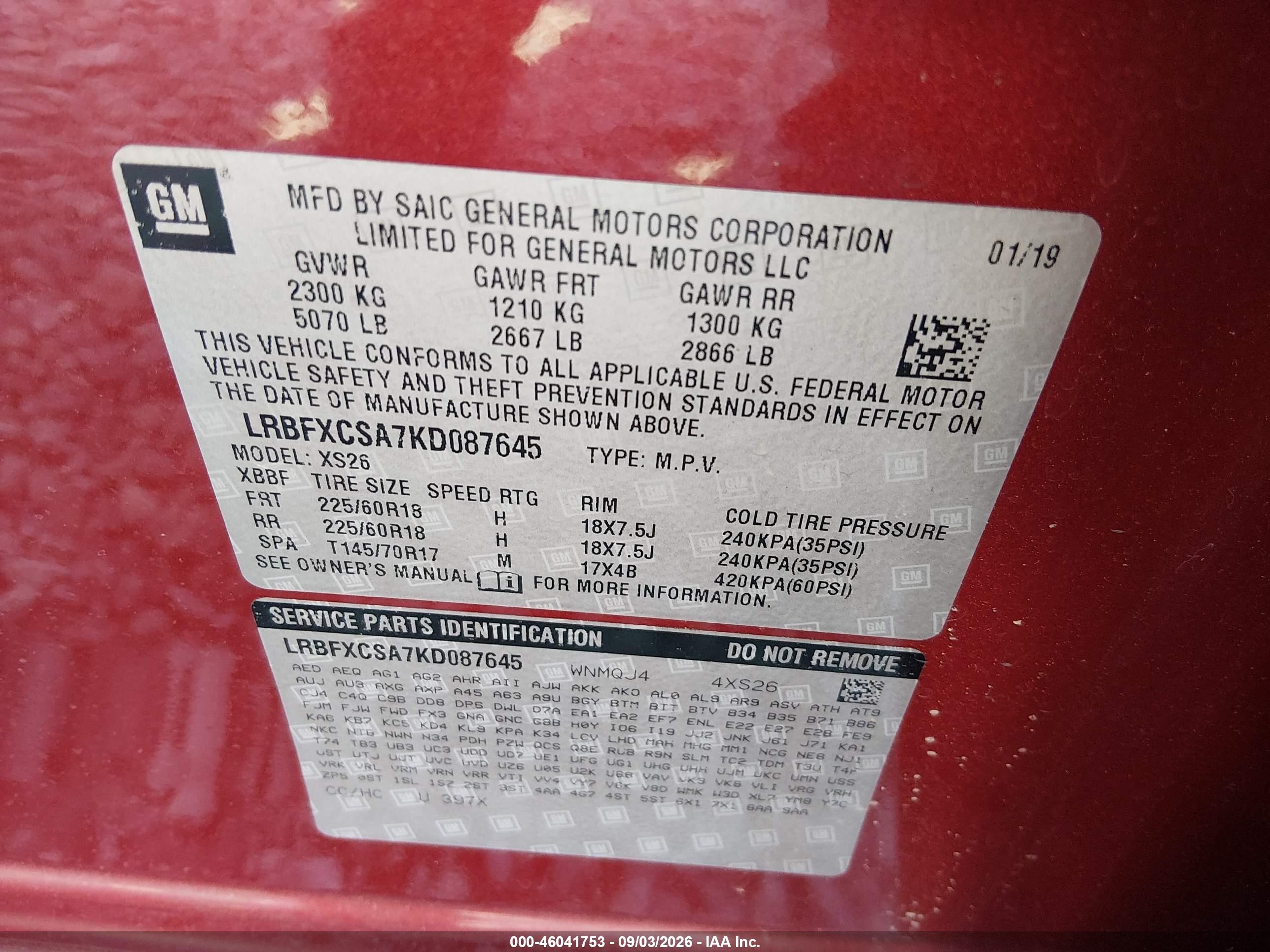 2019 Buick Envision VIN LRBFXCSA7KD087645 IAAI salvage auction — Front End, Salvage (Idaho), sold $3,600 on 2026-09-19 (photo 9)