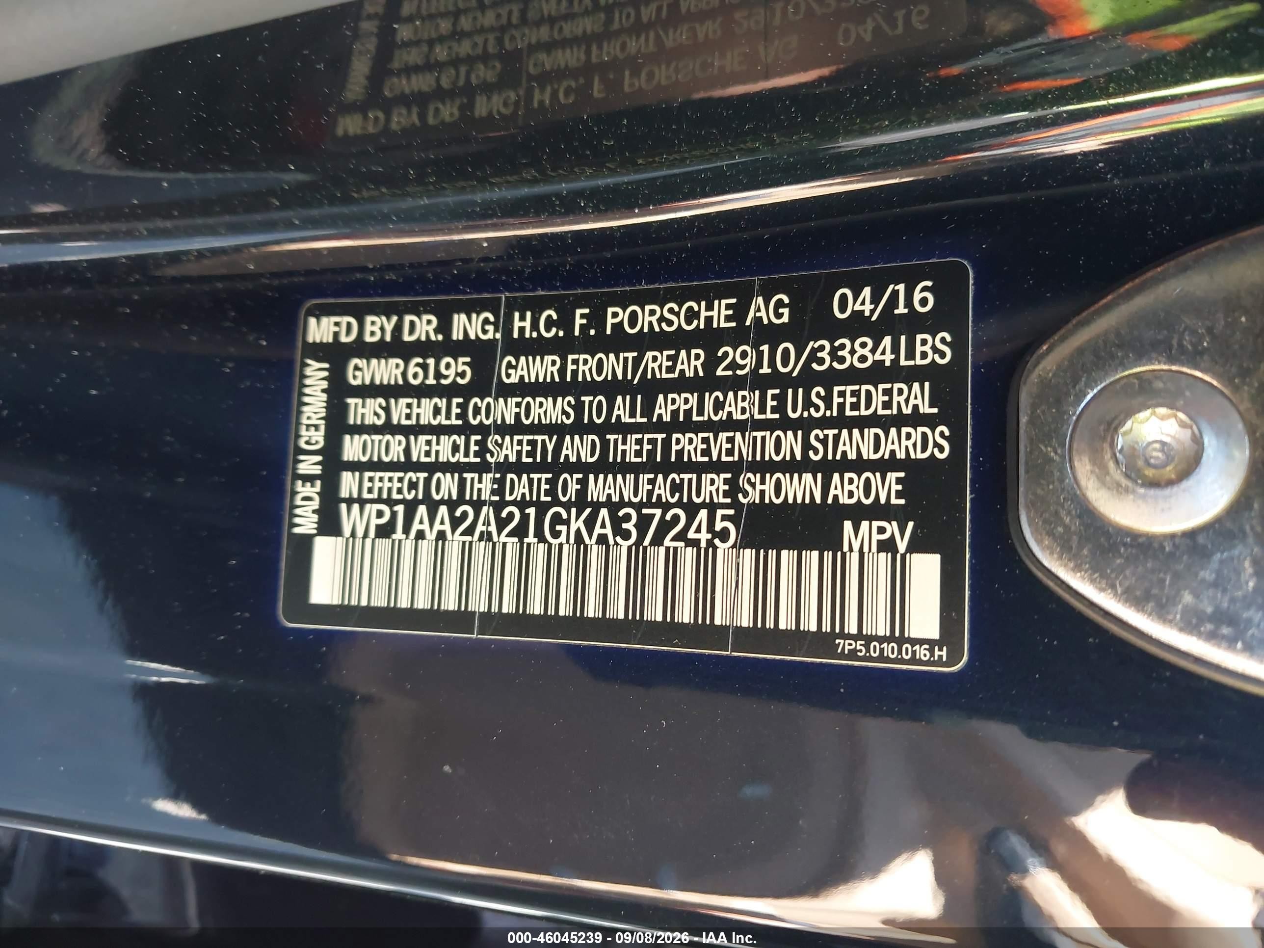 2016 Porsche Cayenne VIN WP1AA2A21GKA37245 IAAI salvage auction — Rear End, Salvage (Virginia), sold $5,100 on 2026-09-13 (photo 9)