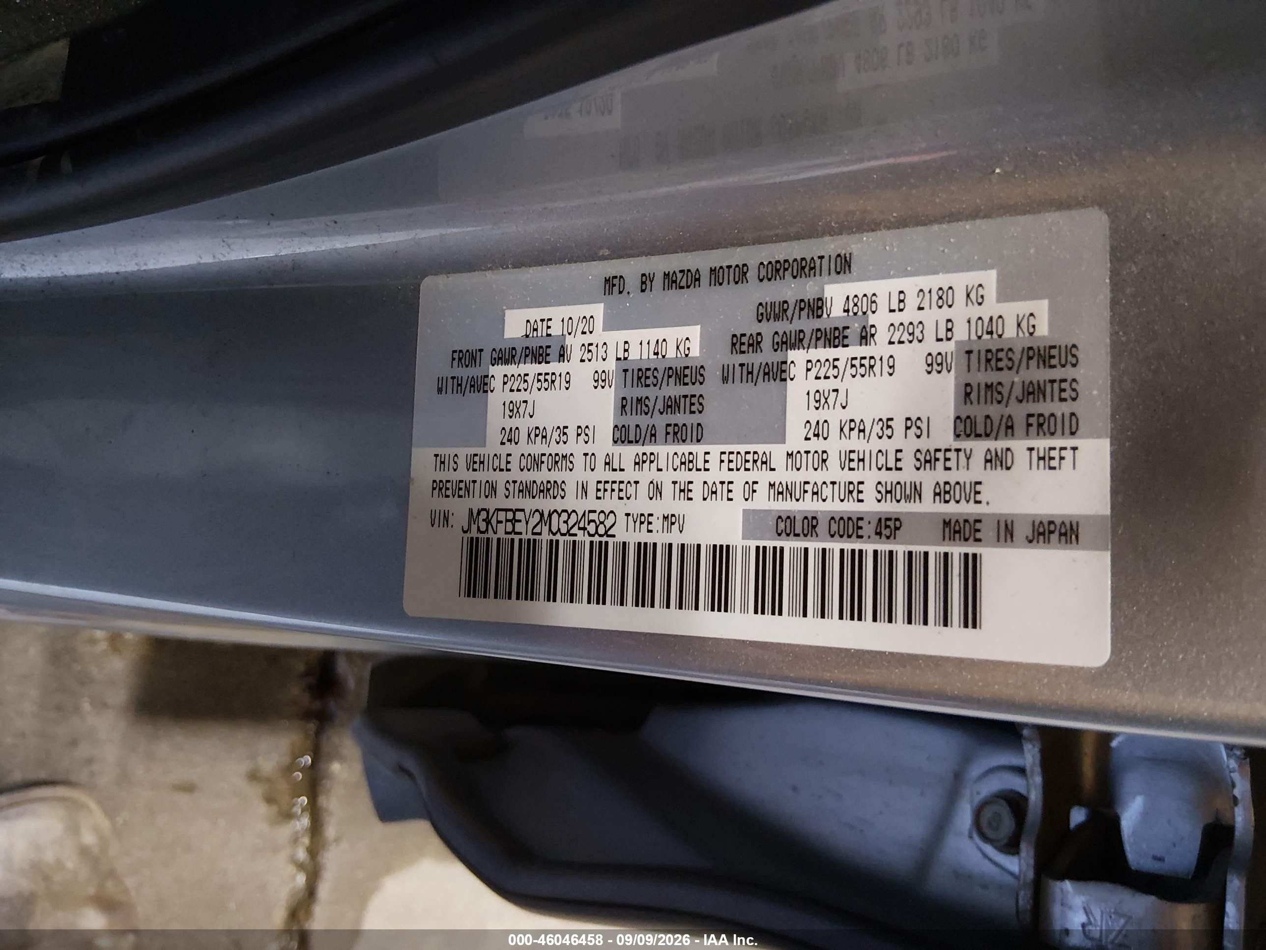 2021 Mazda CX-5 VIN JM3KFBEY2M0324582 IAAI salvage auction — Rear End, Bill Of Sale (Alaska), sold $6,900 on 2026-09-14 (photo 9)
