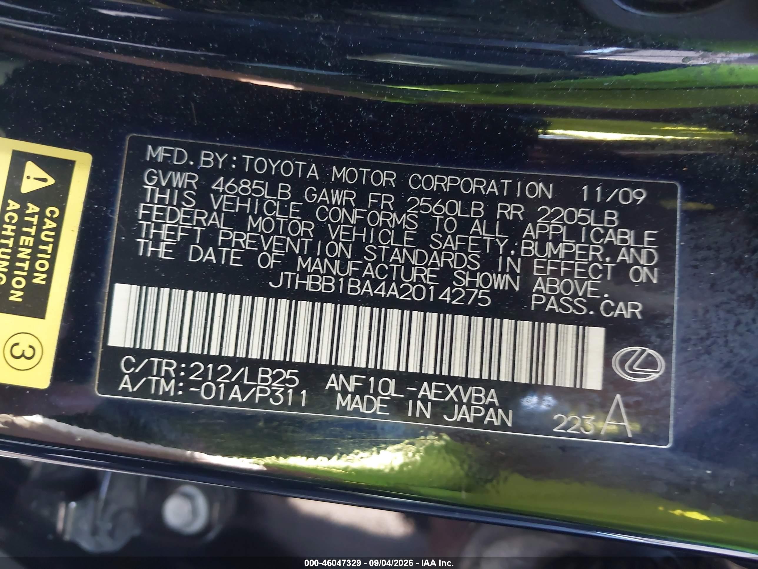 2010 Lexus HS 250h VIN JTHBB1BA4A2014275 IAAI salvage auction — Unknown, Salvage Certificate (California), sold $925 on 2026-09-13 (photo 9)