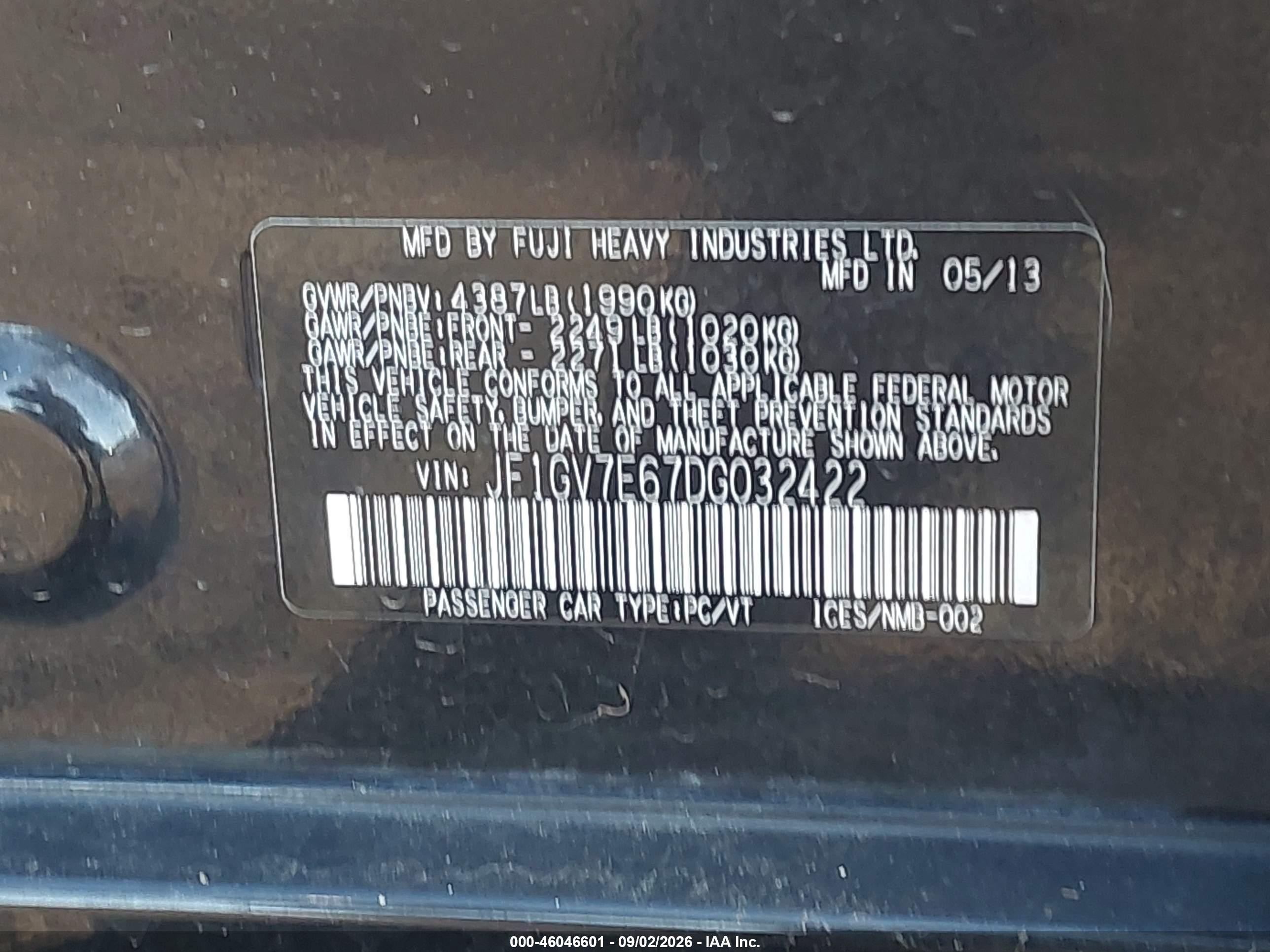 2013 Subaru Impreza wrx VIN JF1GV7E67DG032422 IAAI salvage auction — Normal Wear, Clear - Dealer Only (California), sold $2,550 on 2026-09-10 (photo 9)