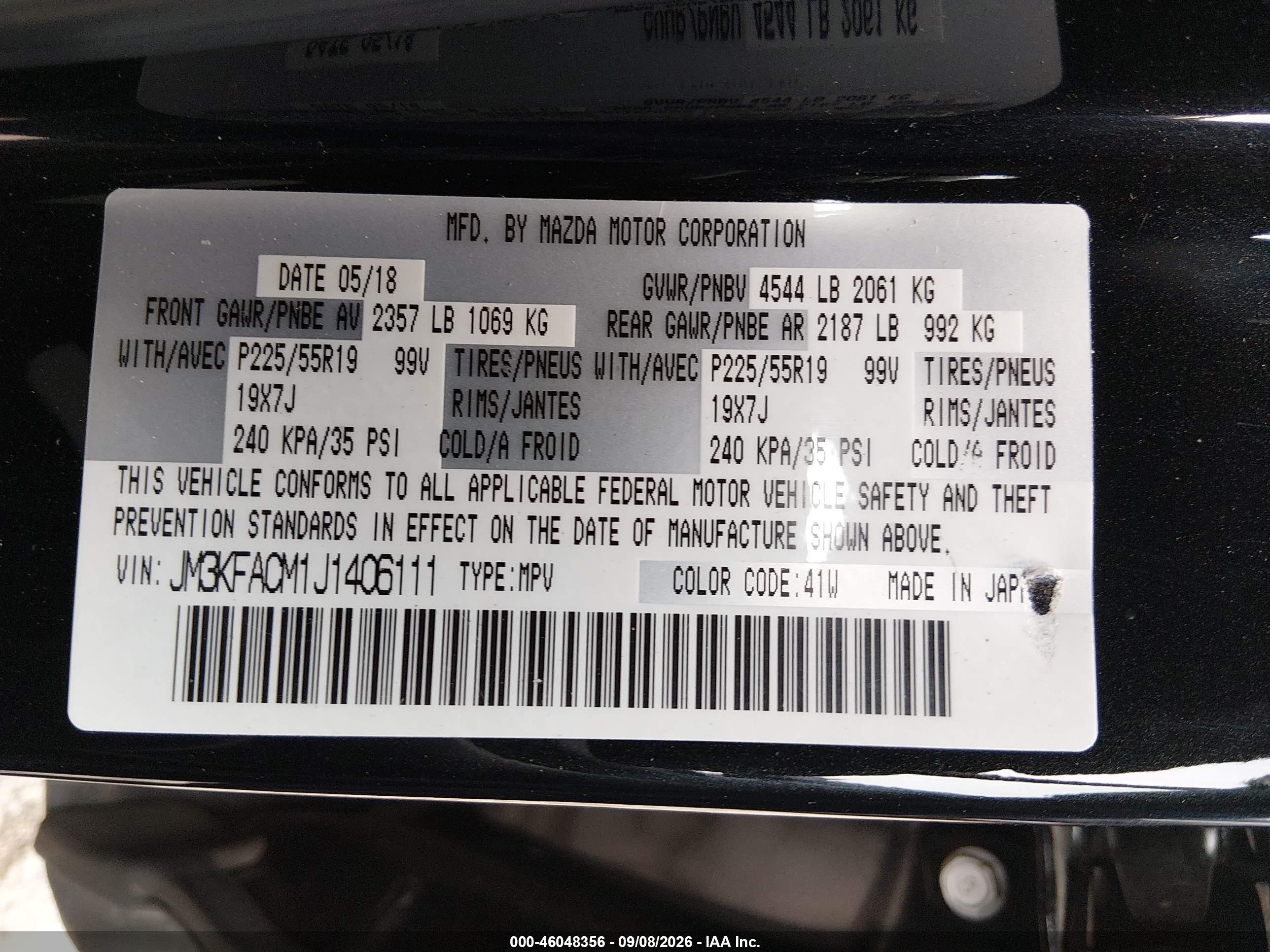 2018 Mazda Cx-5 VIN JM3KFACM1J1406111 IAAI salvage auction — Rear End, Salvage (California), sold $4,150 on 2026-09-14 (photo 9)