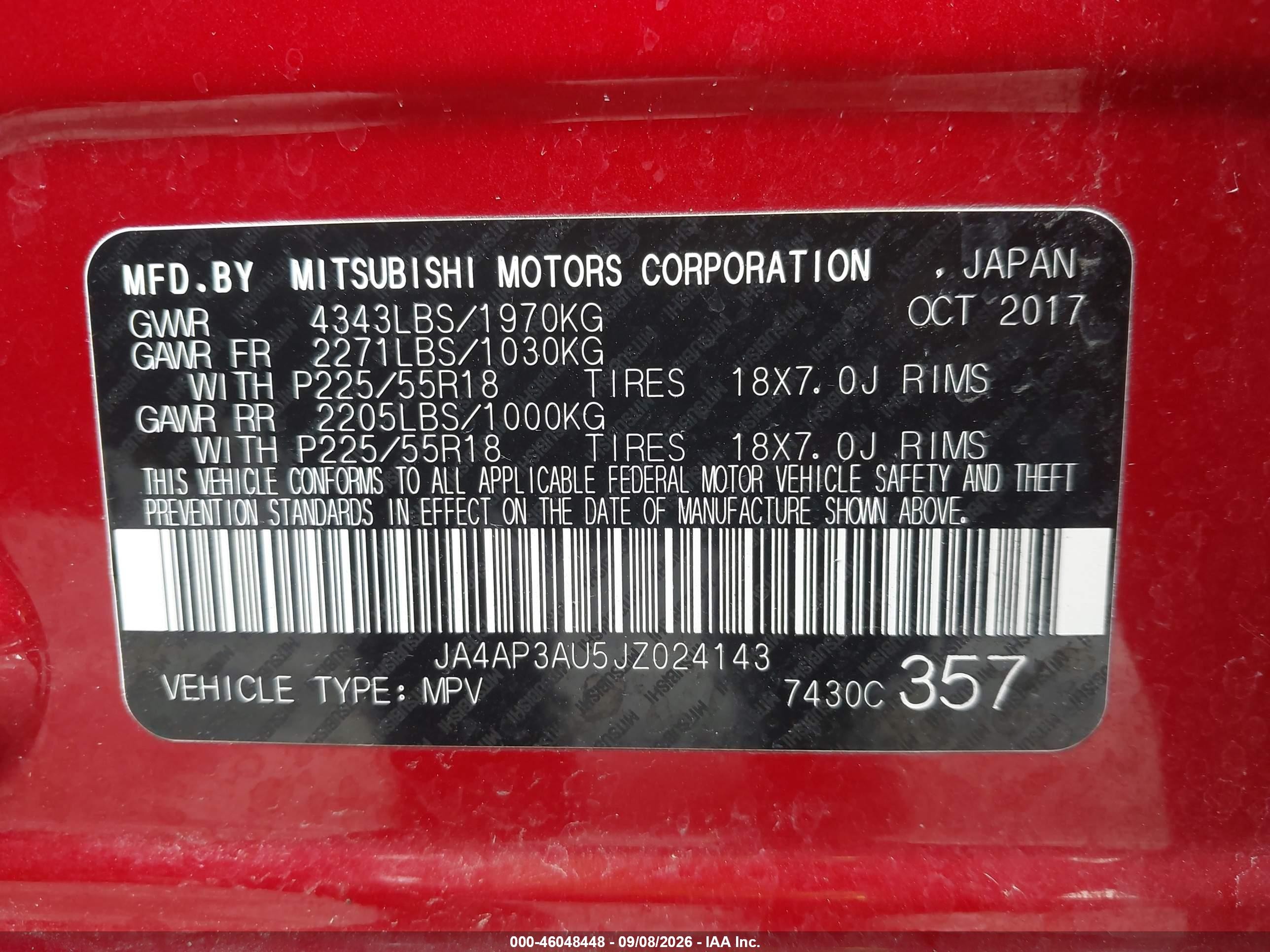 2018 Mitsubishi Outlander Sport VIN JA4AP3AU5JZ024143 IAAI salvage auction — Front End, Salvage (California), sold $3,500 on 2026-09-23 (photo 9)
