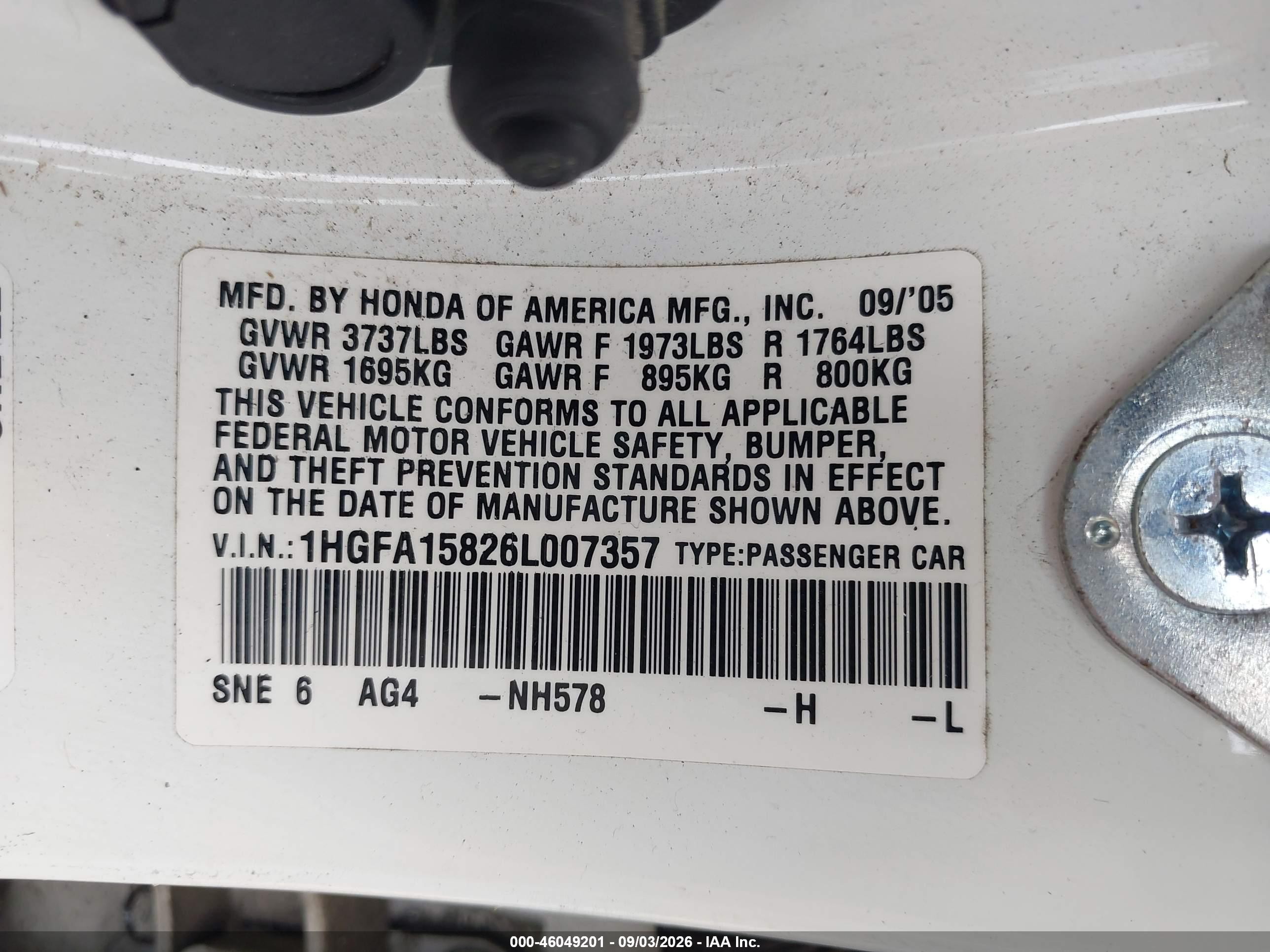 2006 Honda Civic VIN 1HGFA15826L007357 IAAI salvage auction — Normal Wear, Clear (Michigan), sold $775 on 2026-09-11 (photo 9)