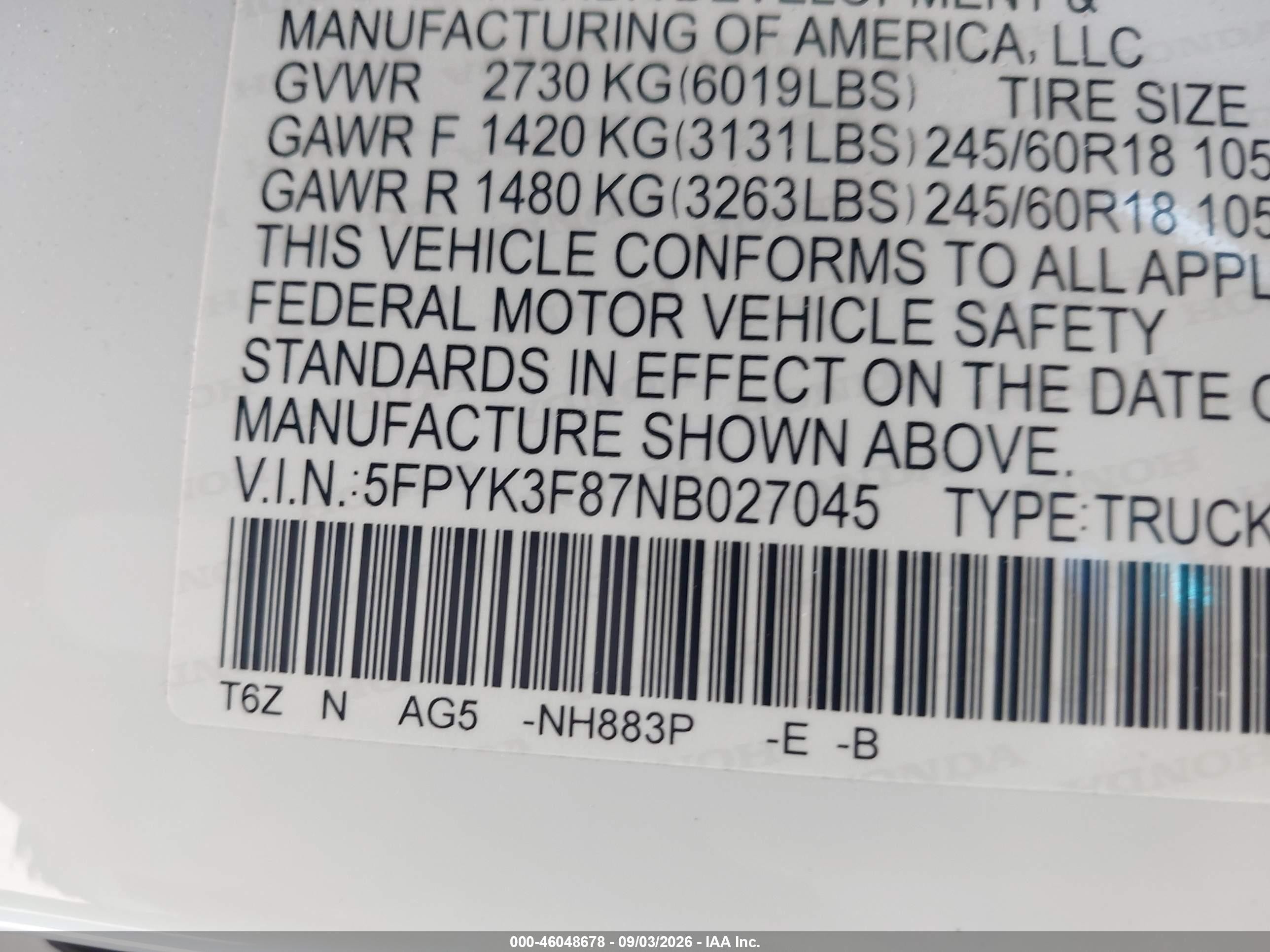 2022 Honda Ridgeline VIN 5FPYK3F87NB027045 IAAI salvage auction — Rear End, Salvage Certificate (California), sold $8,500 on 2026-09-12 (photo 9)
