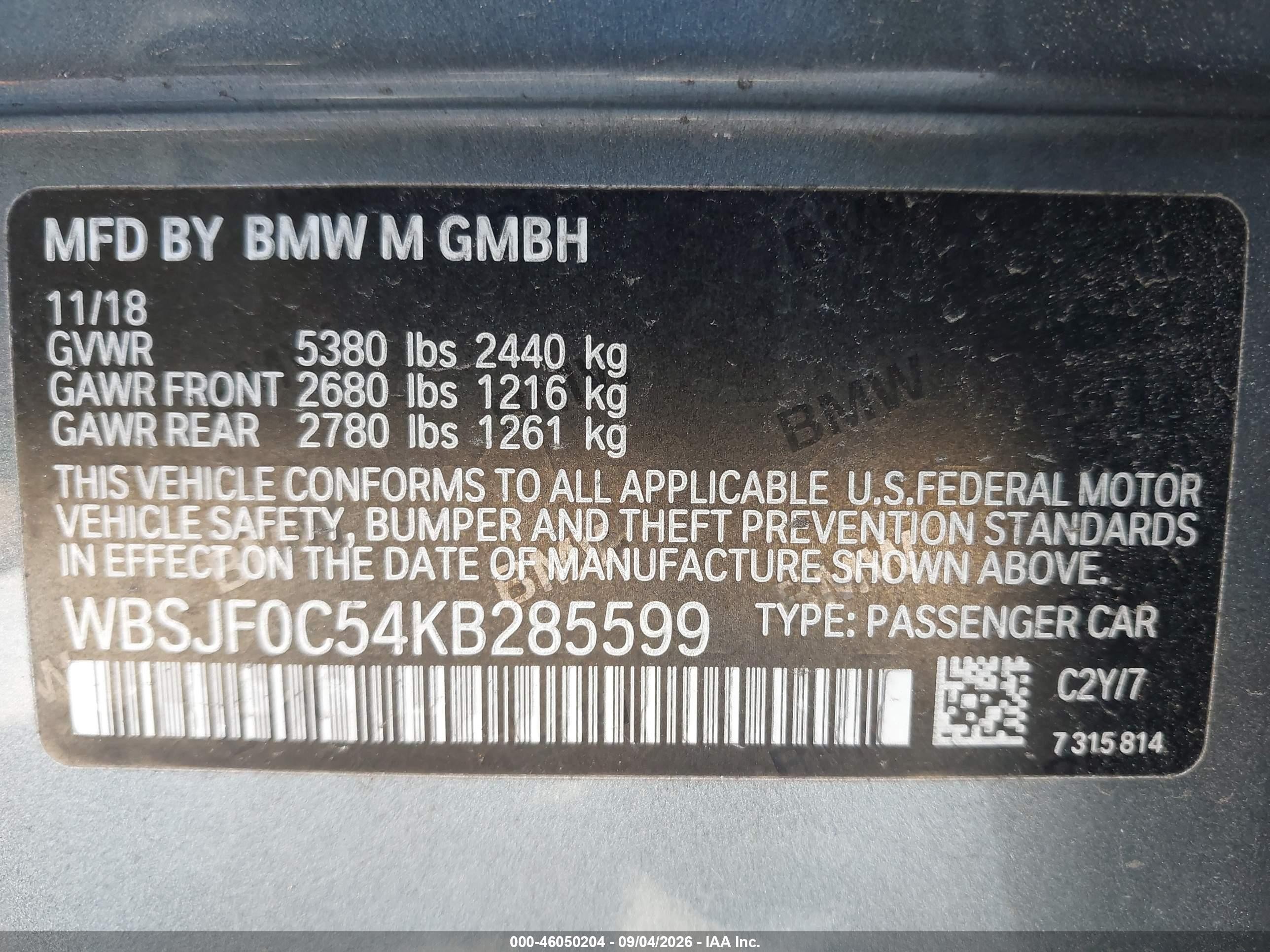2019 BMW M5 VIN WBSJF0C54KB285599 IAAI salvage auction — Water/Flood, Wait Title, sold $21,600 on 2026-09-20 (photo 9)