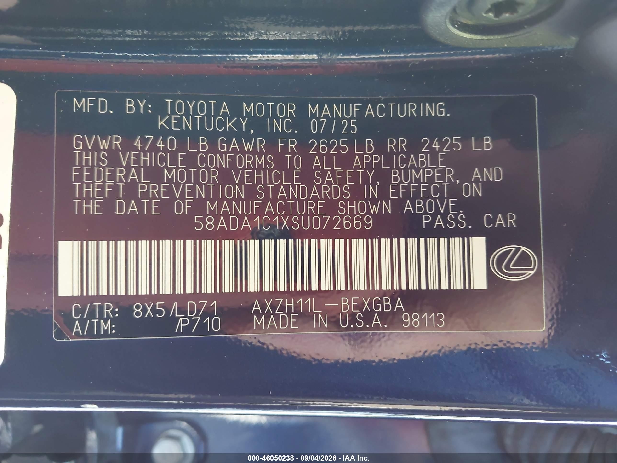 2025 Lexus ES 300h VIN 58ADA1C1XSU072669 IAAI salvage auction — Unknown, Certificate Of Destruction (Florida), sold $12,000 on 2026-10-15 (photo 9)