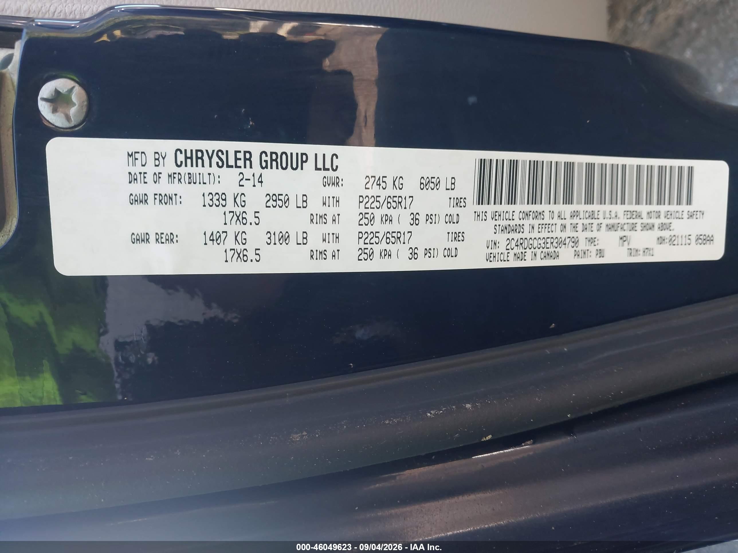 2014 Dodge Caravan VIN 2C4RDGCG3ER304790 IAAI salvage auction — Front End, Salvage (North Carolina), sold $2,050 on 2026-09-23 (photo 9)