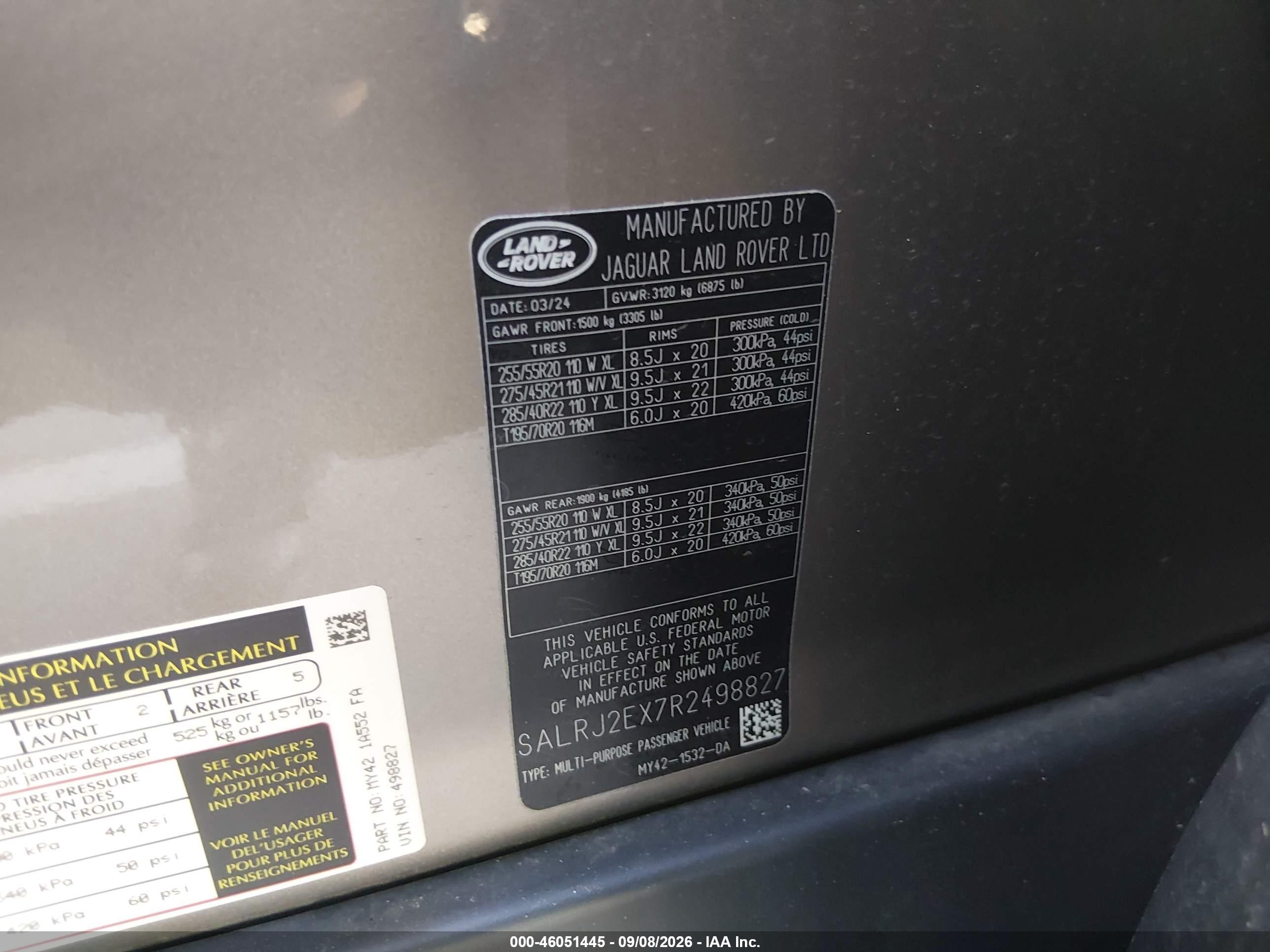 2024 Land rover Discovery VIN SALRJ2EX7R2498827 IAAI salvage auction — Unknown, Salvage (North Carolina), sold $15,000 on 2026-10-02 (photo 9)