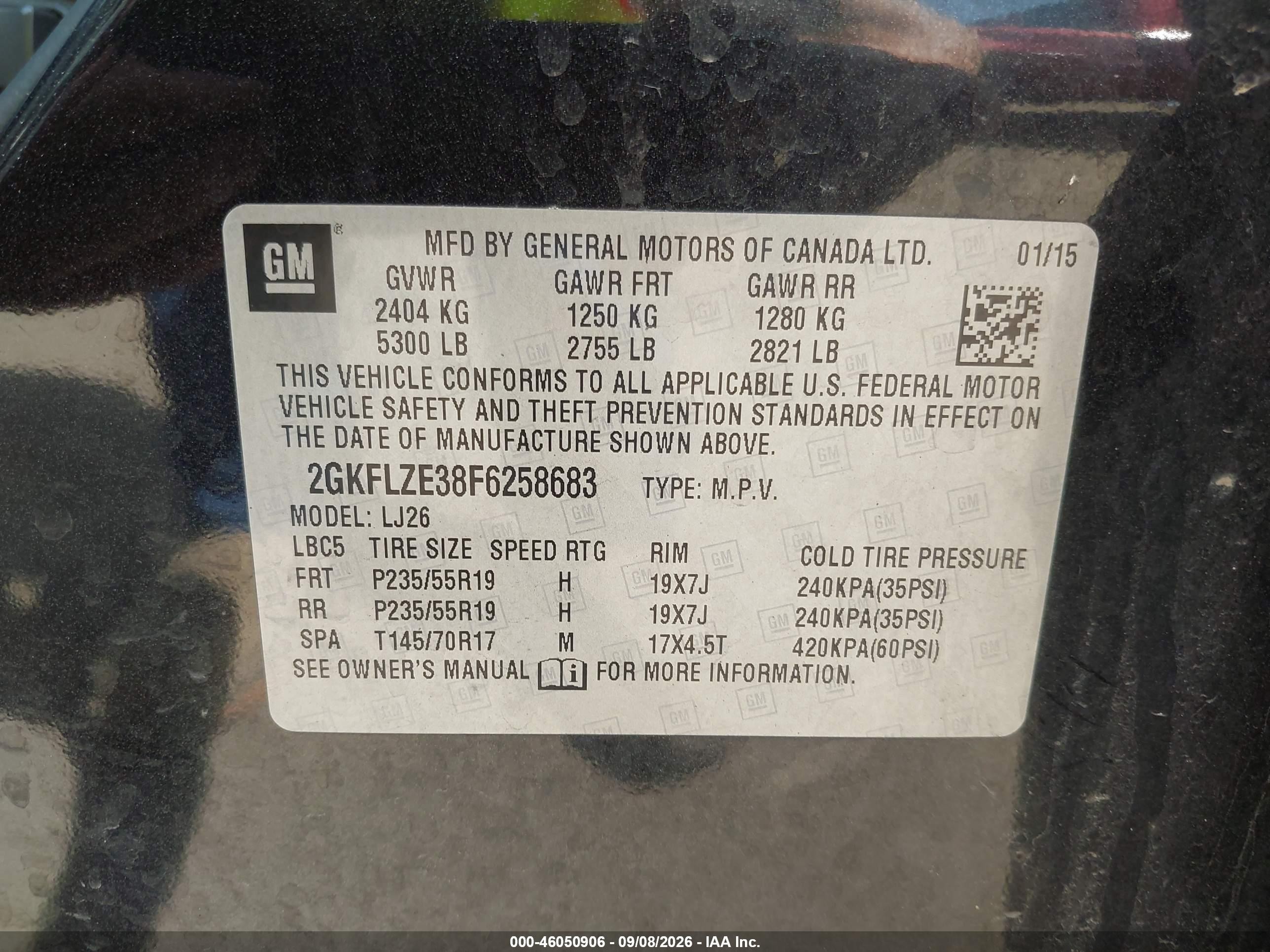2015 Gmc Terrain VIN 2GKFLZE38F6258683 IAAI salvage auction — Storm Damage, Clear (Indiana), sold $2,600 on 2026-10-02 (photo 9)