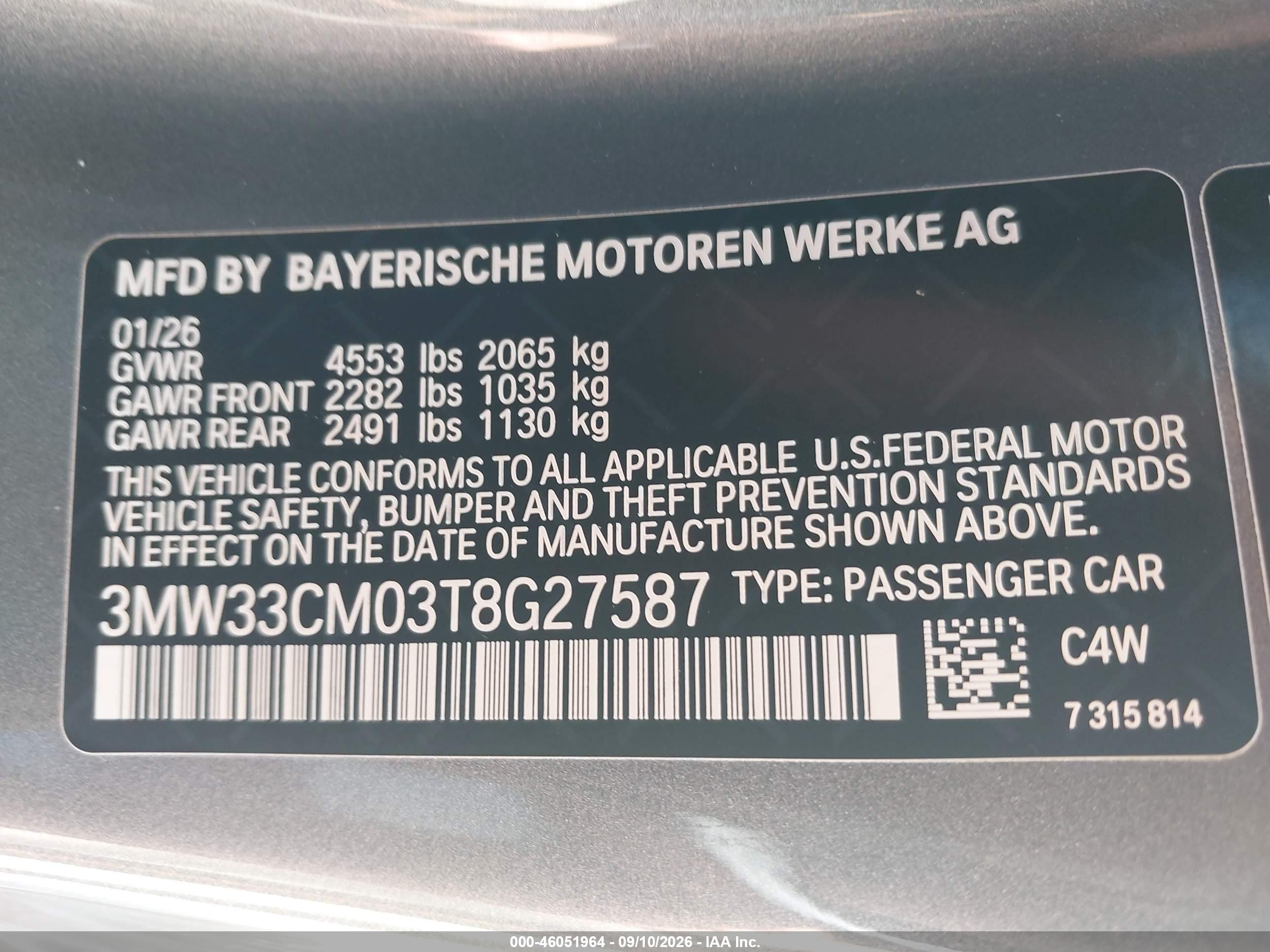2026 BMW 2 Series VIN 3MW33CM03T8G27587 IAAI salvage auction — Unknown, Clear (Florida), sold $27,000 on 2026-09-18 (photo 9)