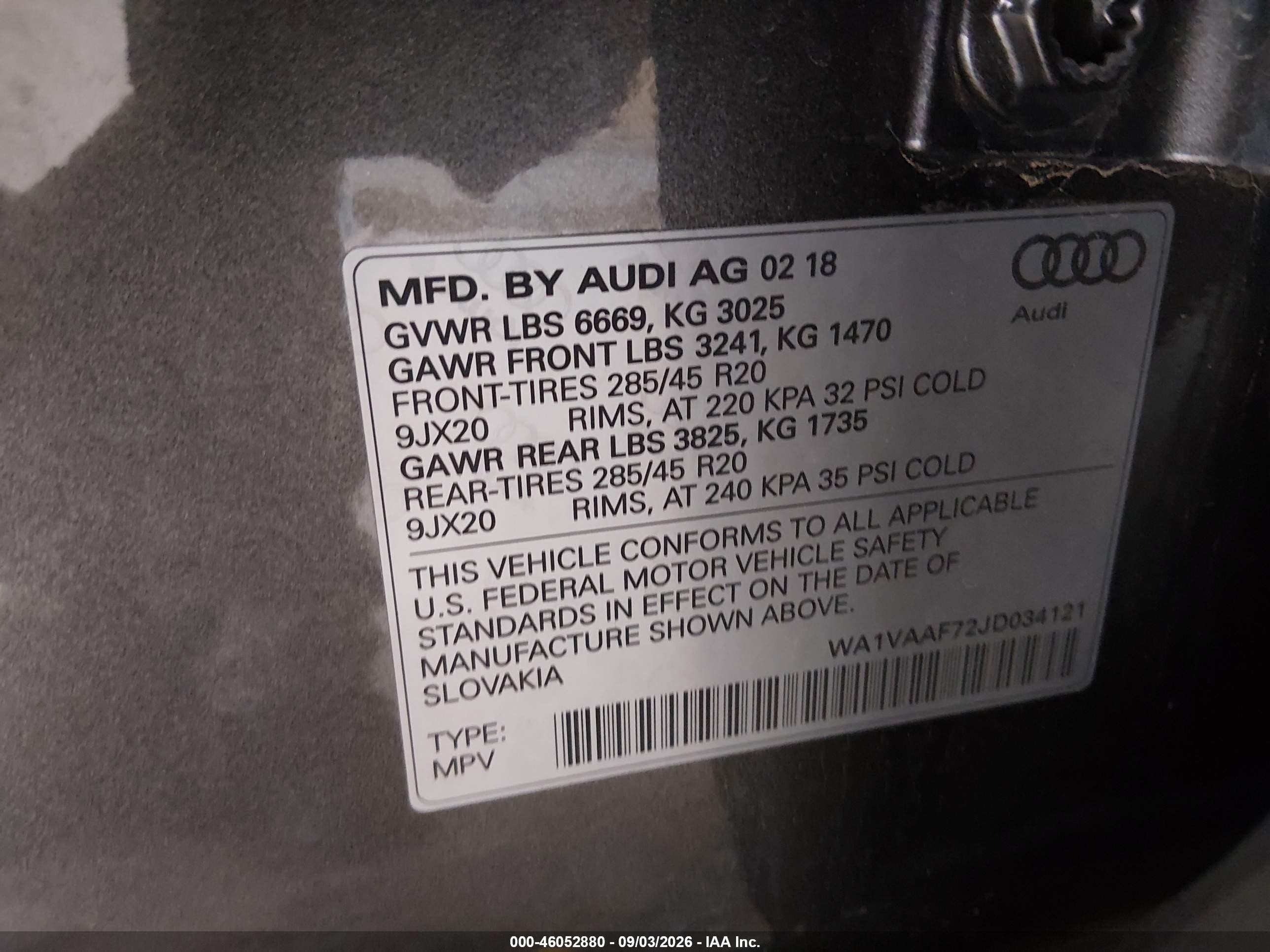 2018 Audi Q7 VIN WA1VAAF72JD034121 IAAI salvage auction — Front End, Salvage (North Dakota), sold $4,900 on 2026-09-19 (photo 9)