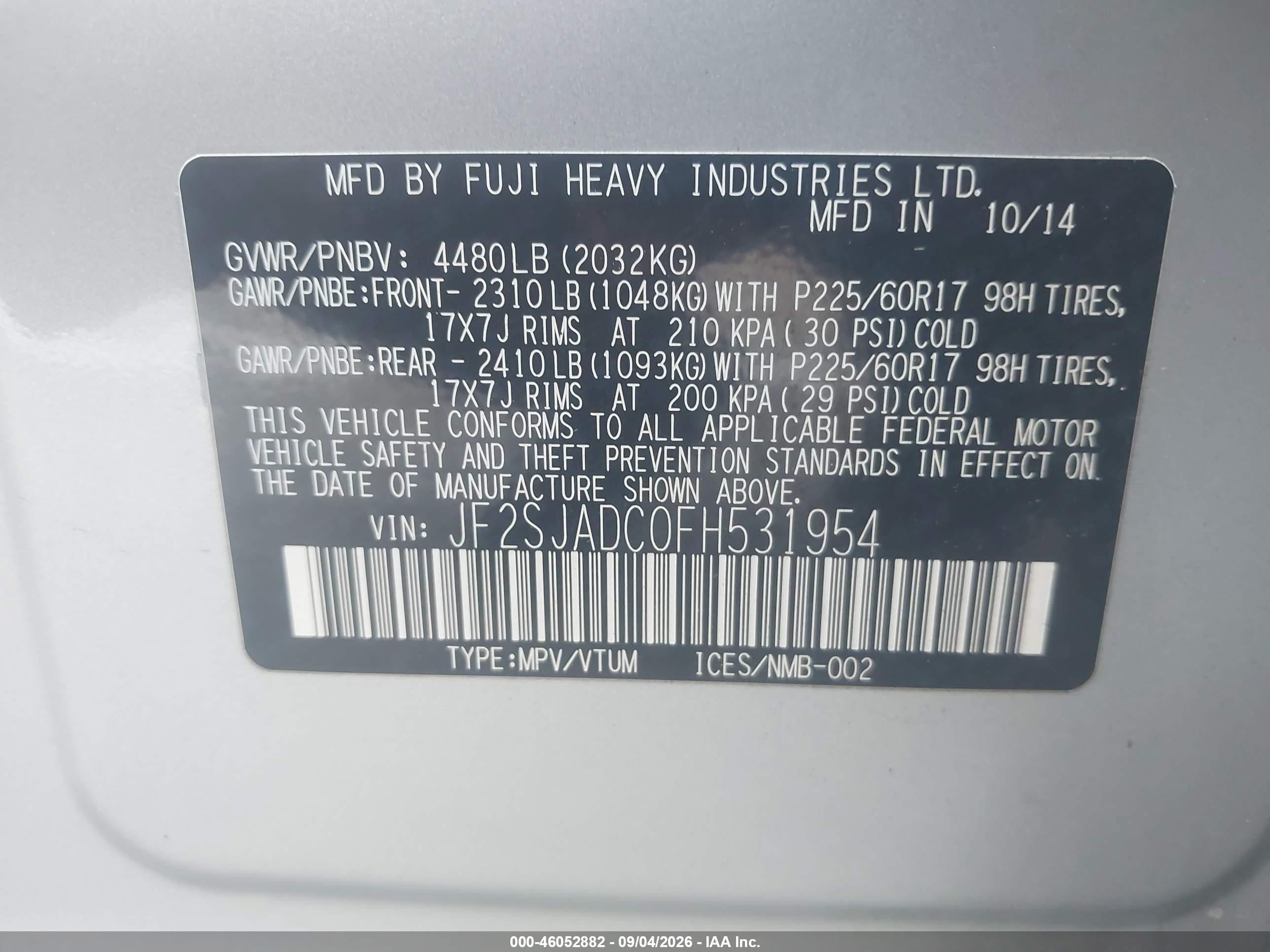 2015 Subaru Forester VIN JF2SJADC0FH531954 IAAI salvage auction — Rear End, Salvage (California), sold $1,900 on 2026-09-24 (photo 9)