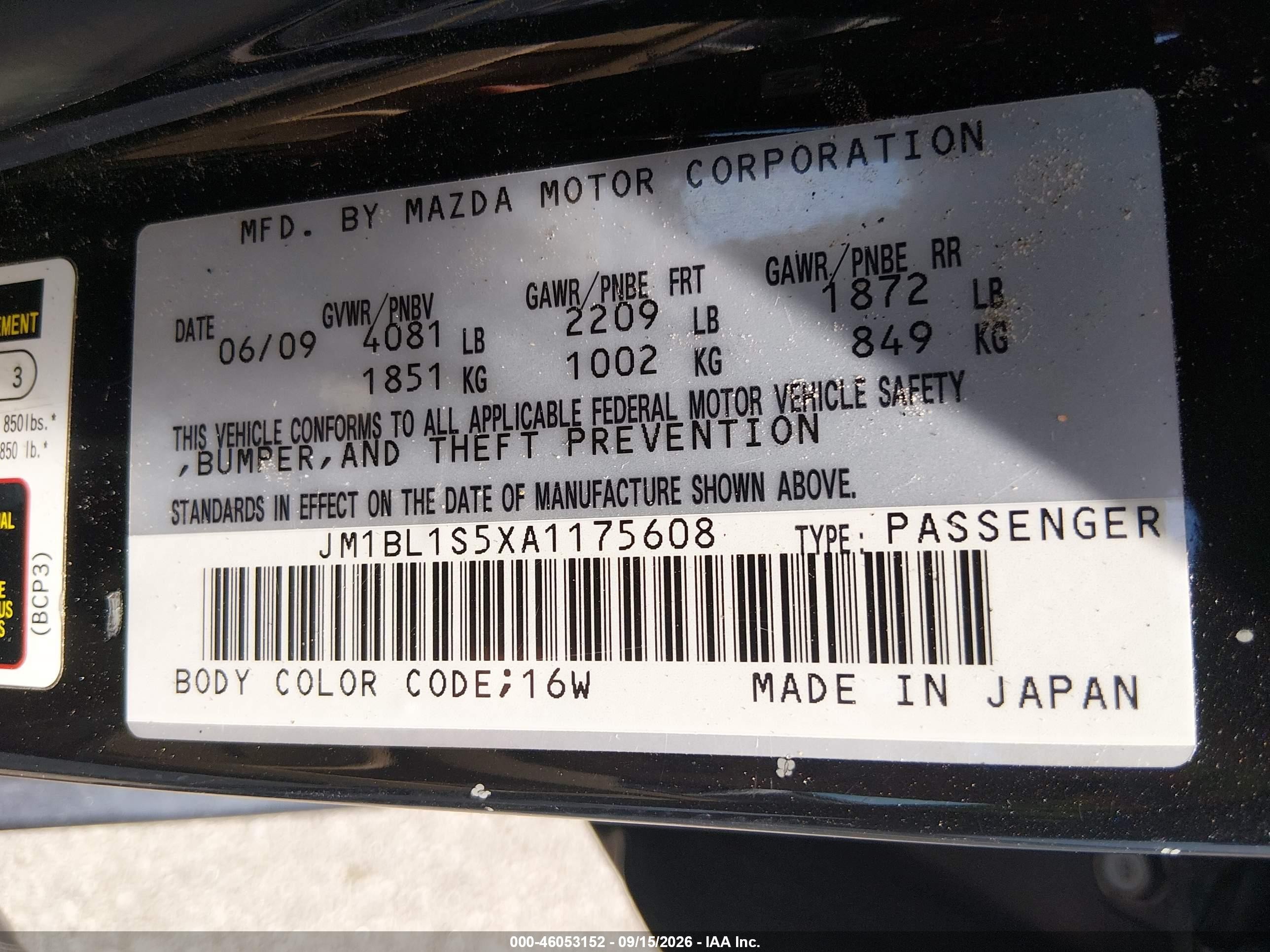 2010 Mazda 3 VIN JM1BL1S5XA1175608 IAAI salvage auction — Unknown, Salvage (South Carolina), sold $700 on 2026-10-05 (photo 9)