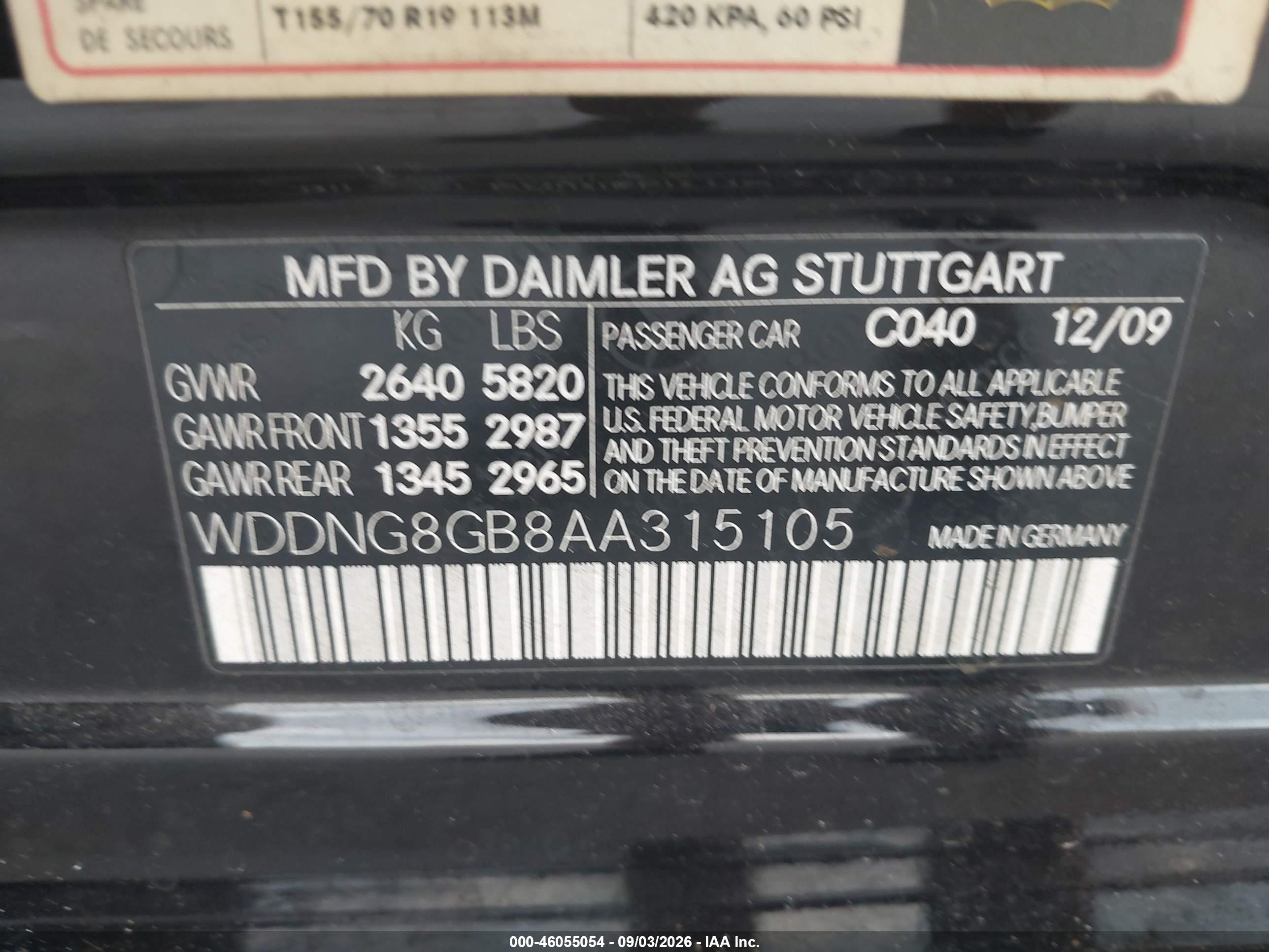 2010 Mercedes-benz S class VIN WDDNG8GB8AA315105 IAAI salvage auction — Normal Wear, Clear (Florida), sold $2,550 on 2026-10-03 (photo 9)