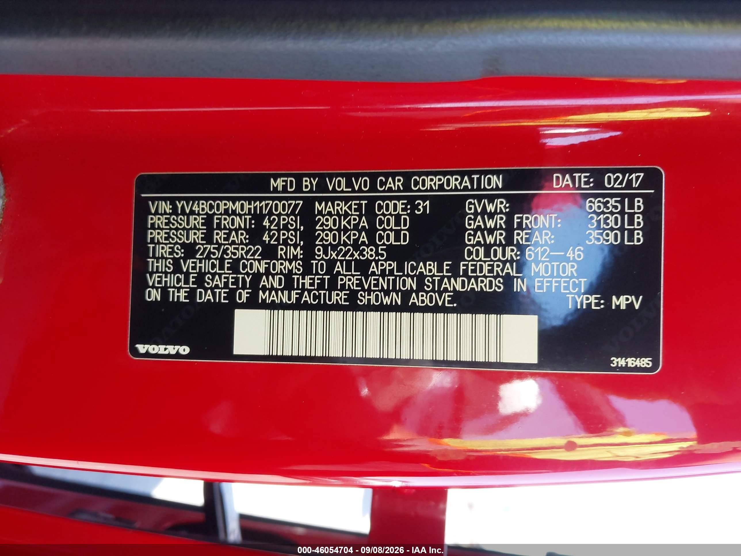2017 Volvo XC90 VIN YV4BC0PM0H1170077 IAAI salvage auction — Front End, Salvage (California), sold $8,000 on 2026-09-16 (photo 9)