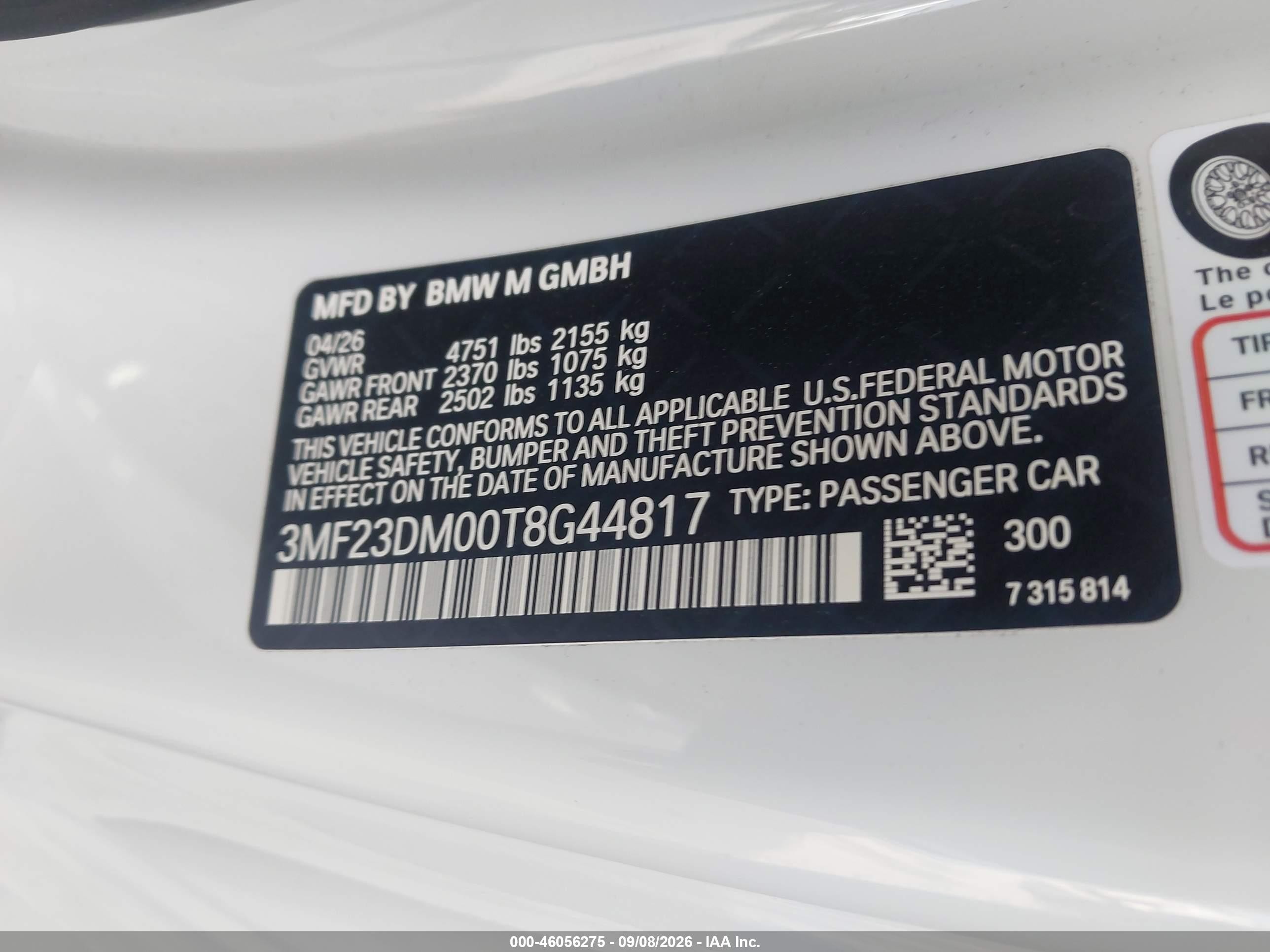 2026 BMW M2 VIN 3MF23DM00T8G44817 IAAI salvage auction — Rear End, Clear (California), sold $46,250 on 2026-09-14 (photo 9)