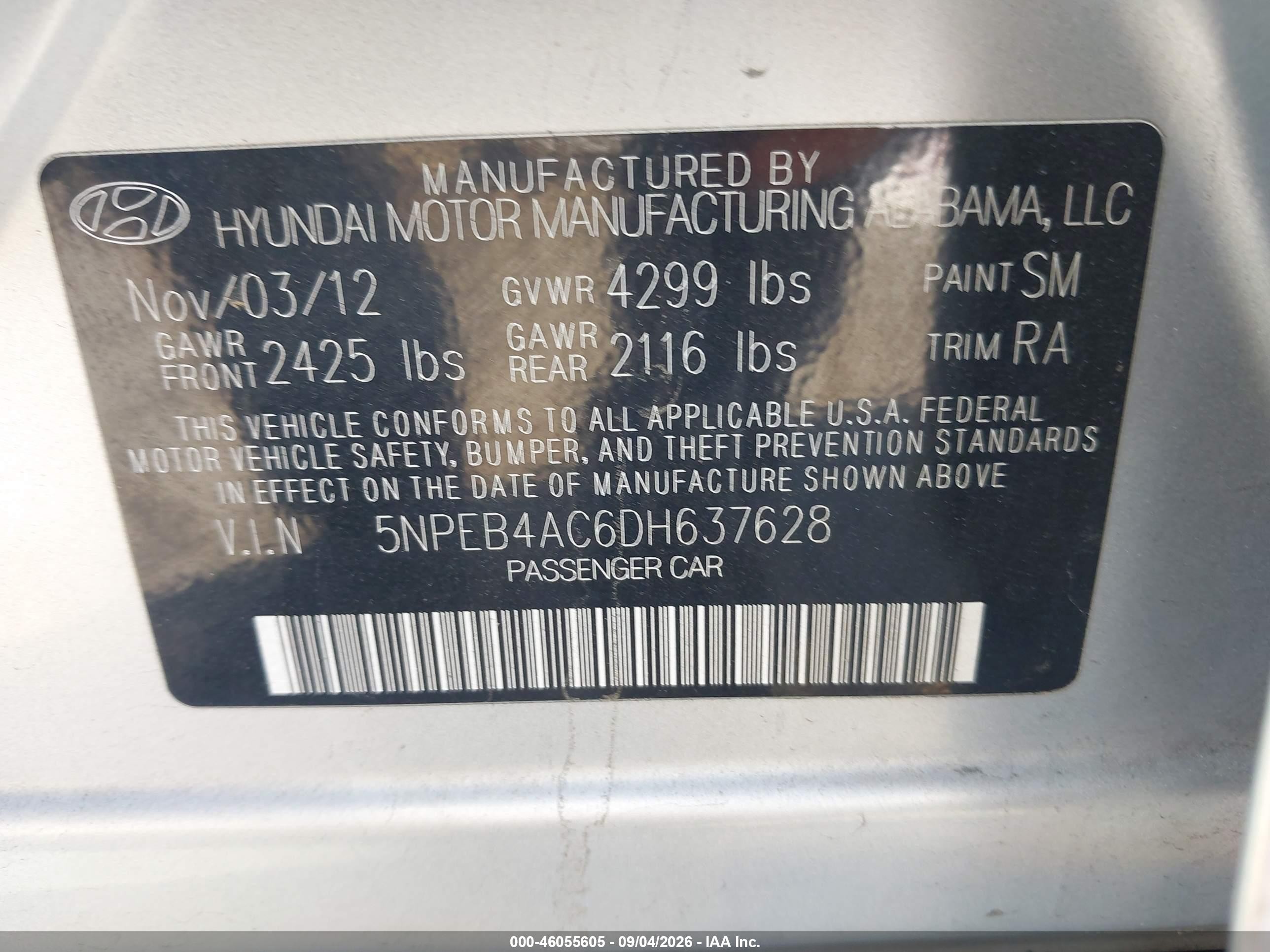 2013 Hyundai Sonata VIN 5NPEB4AC6DH637628 IAAI salvage auction — Normal Wear, Salvage Title - Dealer (California), sold $500 on 2026-10-02 (photo 9)