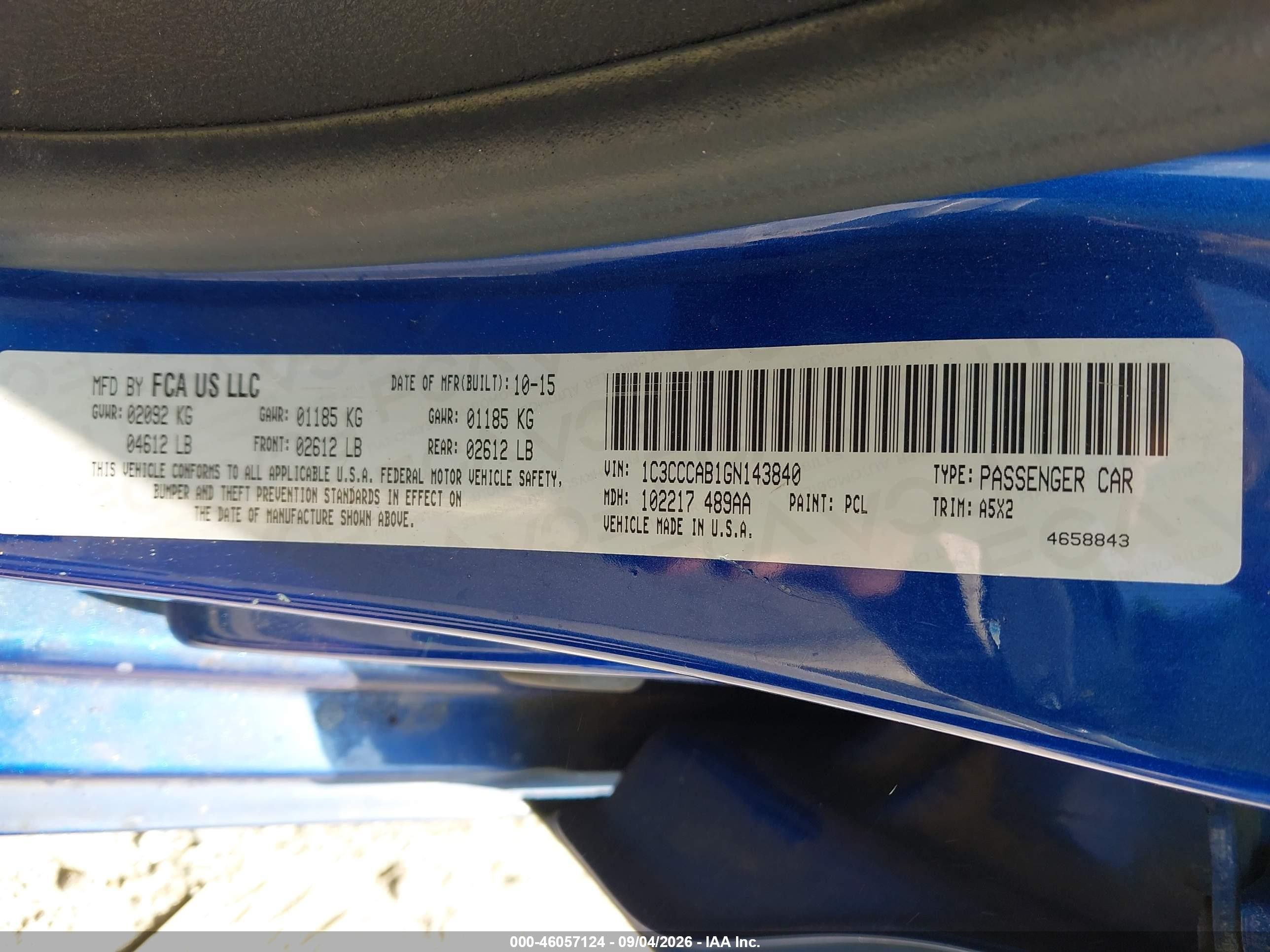 2016 Chrysler 200 VIN 1C3CCCAB1GN143840 IAAI salvage auction — Side, Salvage (Georgia), sold $600 on 2026-10-09 (photo 9)