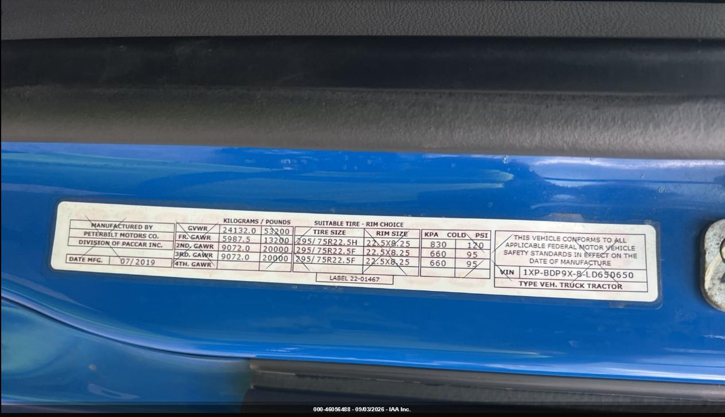 2020 Peterbilt 579 VIN 1XPBDP9X8LD650650 IAAI salvage auction — Repossession, Original (West Virginia), sold $5,650 on 2026-09-09 (photo 9)