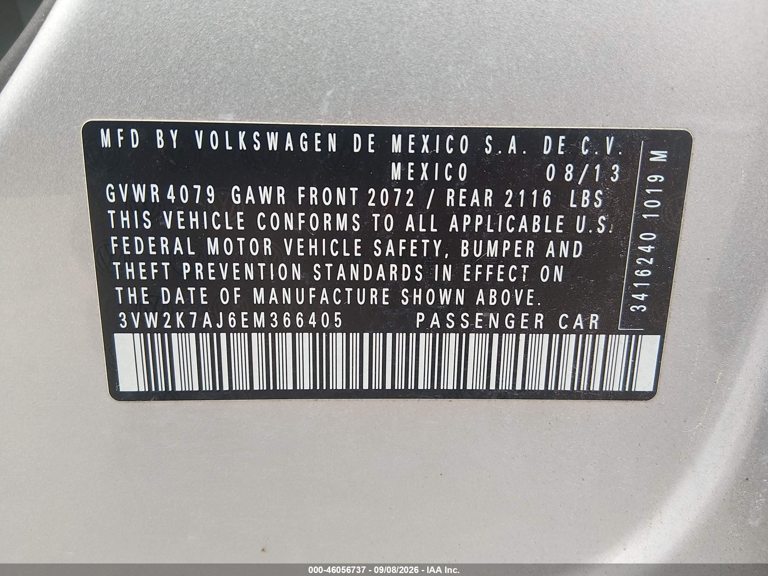 2014 Volkswagen Jetta VIN 3VW2K7AJ6EM366405 IAAI salvage auction — Side, Clear (Massachusetts), sold $1,650 on 2026-09-12 (photo 9)