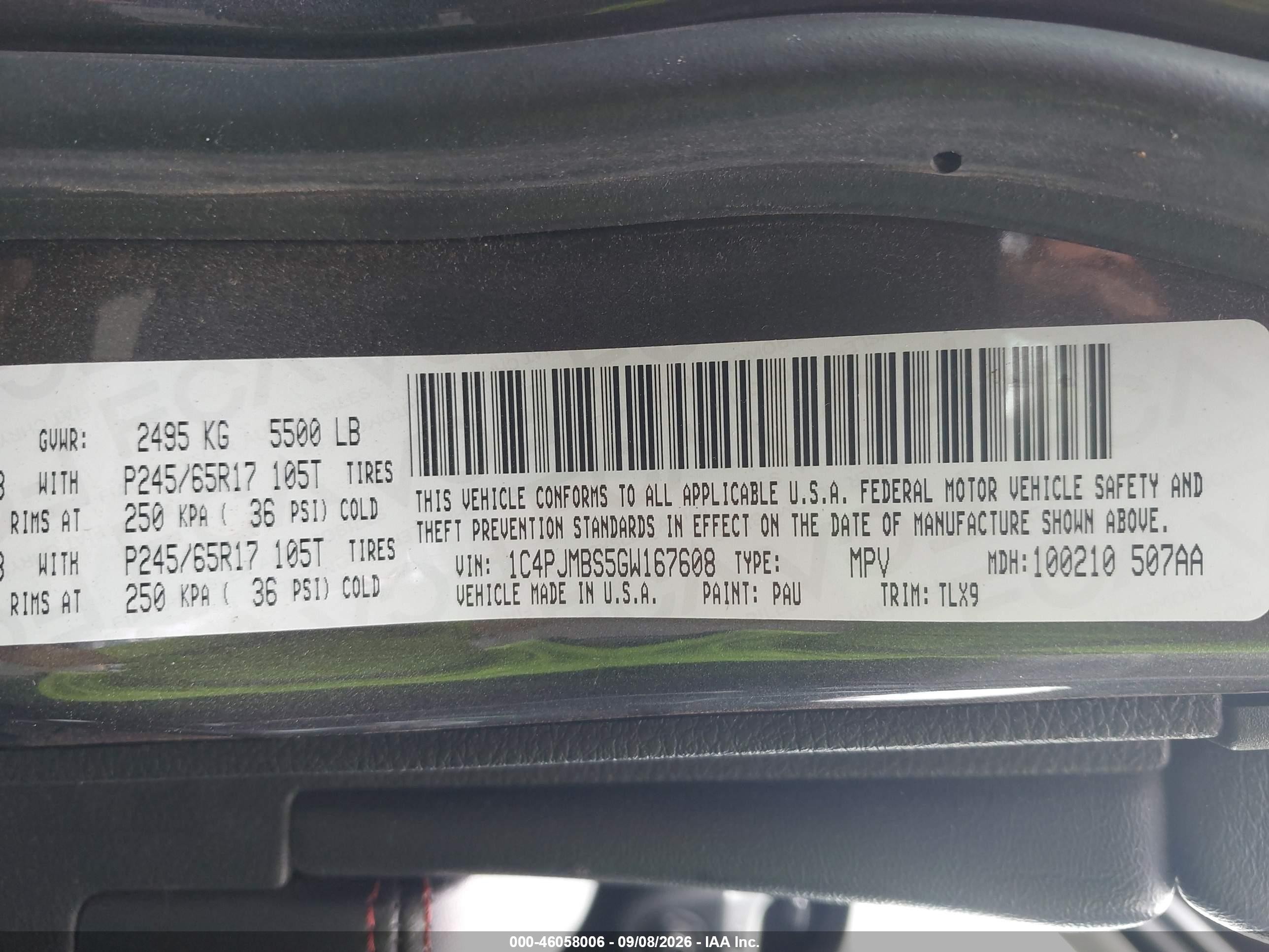 2016 Jeep Cherokee VIN 1C4PJMBS5GW167608 IAAI salvage auction — Side, Salvage Certificate (California), sold $2,100 on 2026-09-24 (photo 9)