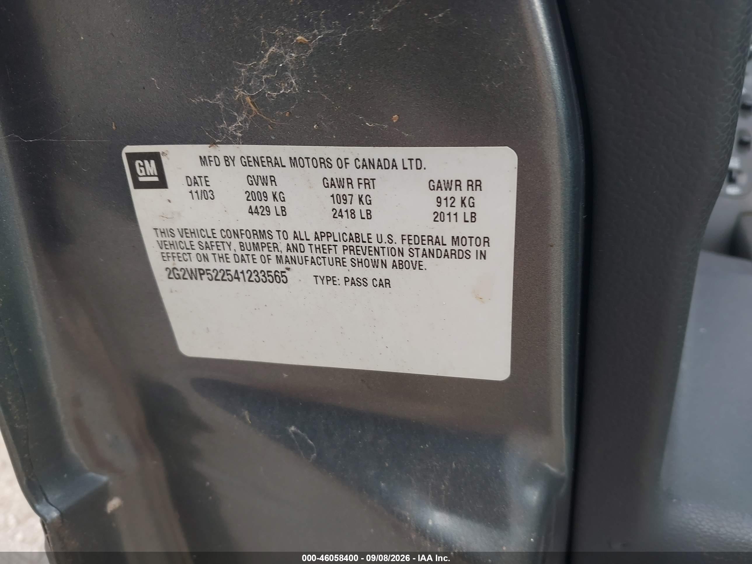 2004 Pontiac Grand prix VIN 2G2WP522541233565 IAAI salvage auction — Normal Wear, Clear (Michigan), sold $375 on 2026-09-21 (photo 9)