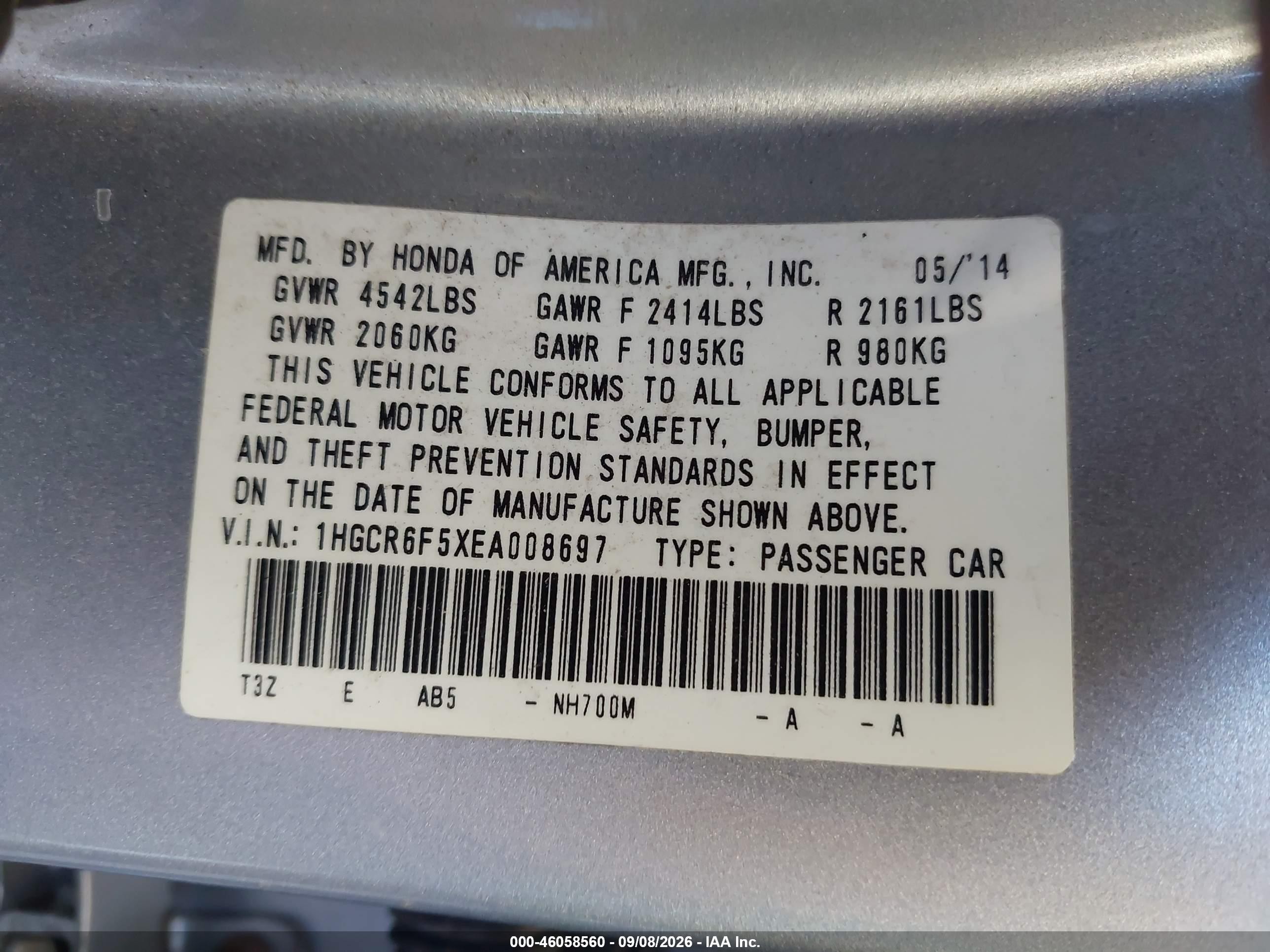 2014 Honda Accord VIN 1HGCR6F5XEA008697 IAAI salvage auction — Unknown, Salvage (Arizona), sold $875 on 2026-09-30 (photo 9)