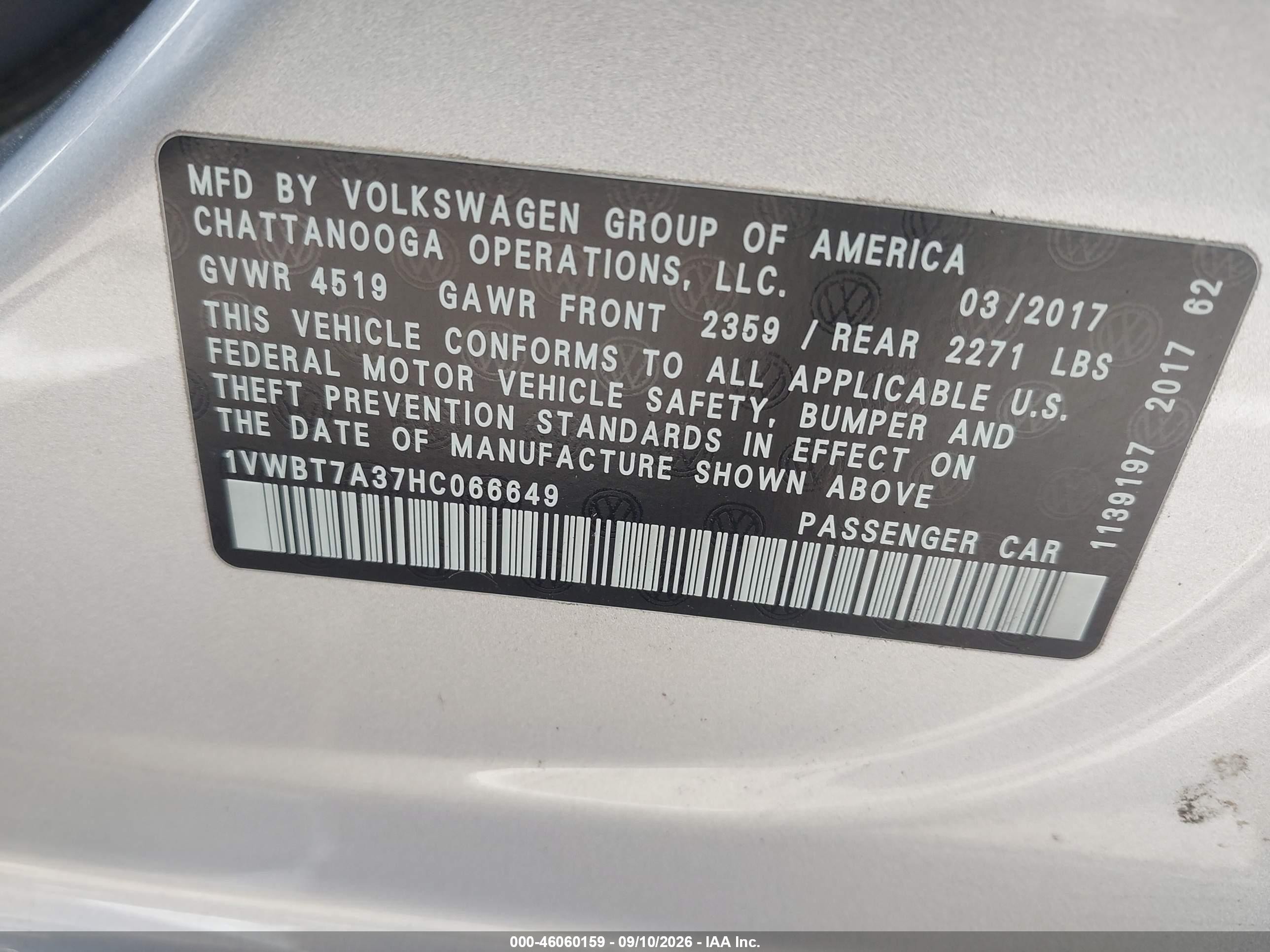 2017 Volkswagen Passat VIN 1VWBT7A37HC066649 IAAI salvage auction — Unknown, Salvage (North Carolina), sold $2,350 on 2026-09-24 (photo 9)