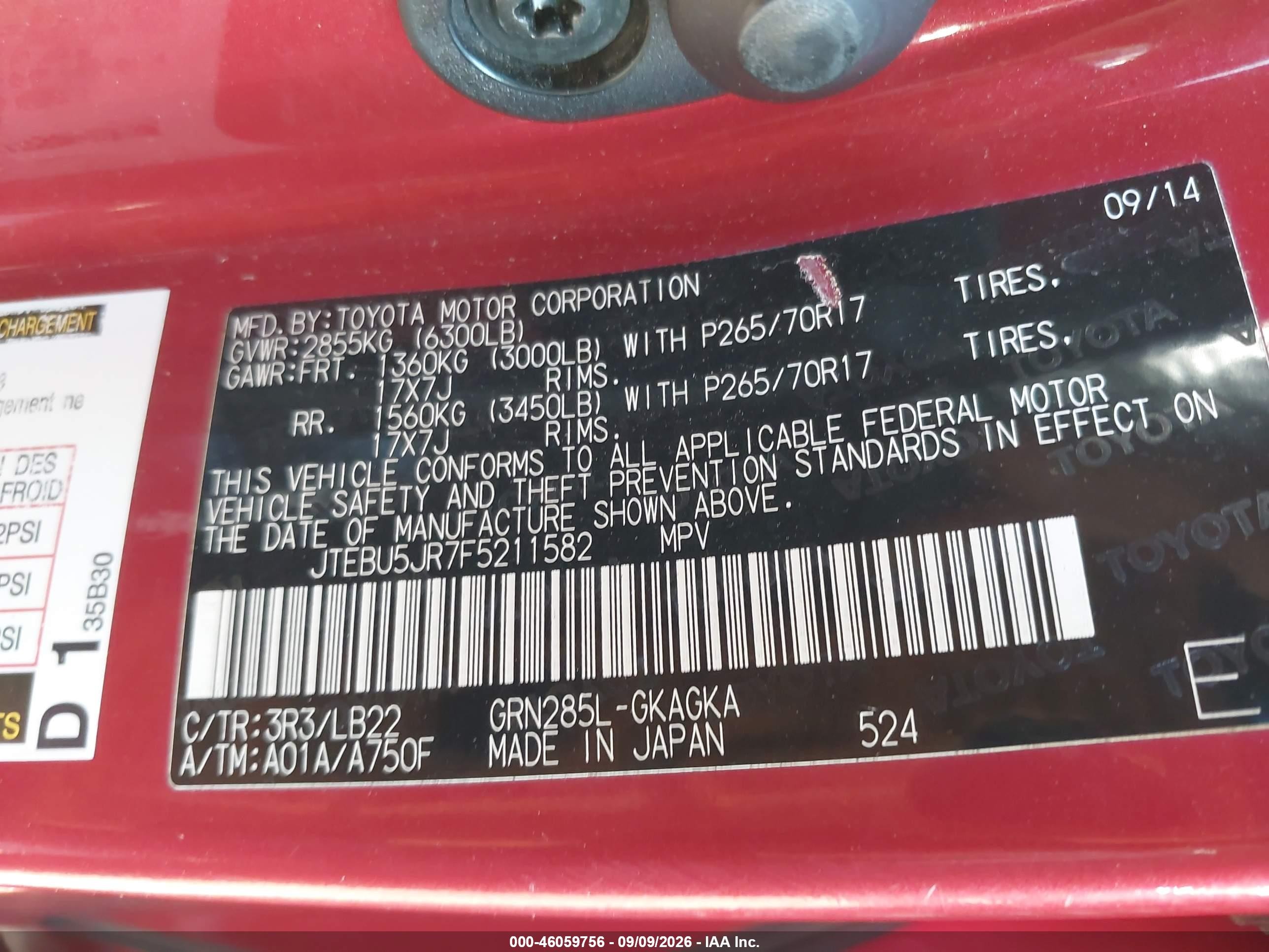 2015 Toyota 4runner VIN JTEBU5JR7F5211582 IAAI salvage auction — Theft, Salvage - 75% Or Less (Maryland), sold $7,300 on 2026-10-08 (photo 9)