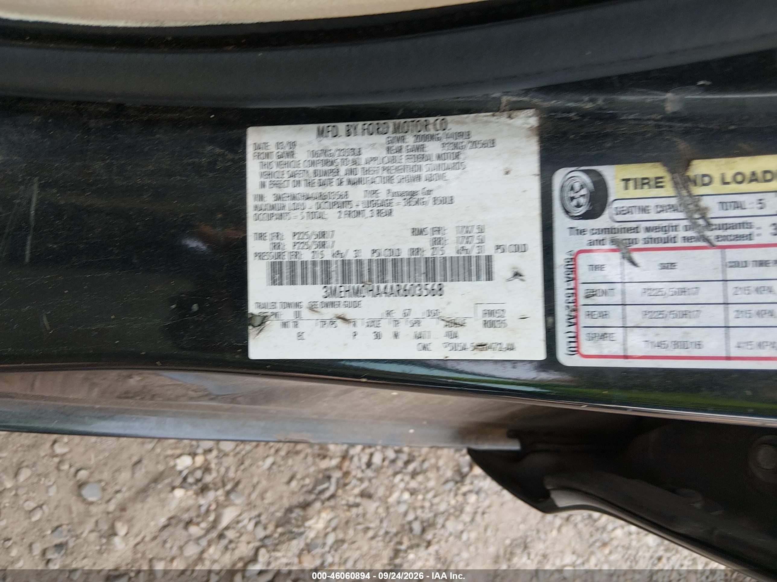 2010 Mercury Milan VIN 3MEHM0HA4AR603568 IAAI salvage auction — Normal Wear, Clear (Louisiana), sold $550 on 2026-10-03 (photo 9)