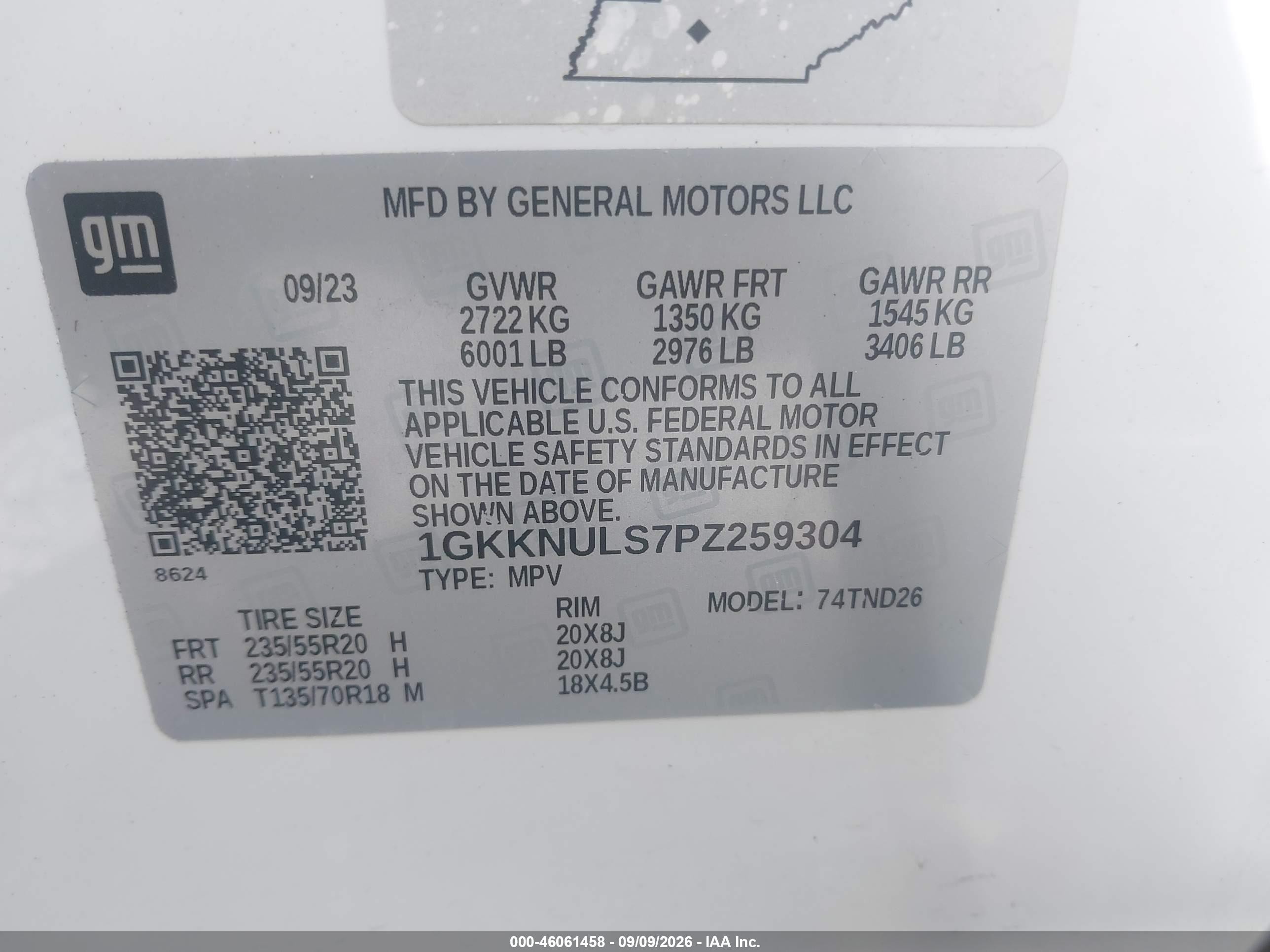 2023 Gmc Acadia VIN 1GKKNULS7PZ259304 IAAI salvage auction — Front End, Salvage (Idaho), sold $9,200 on 2026-09-30 (photo 9)