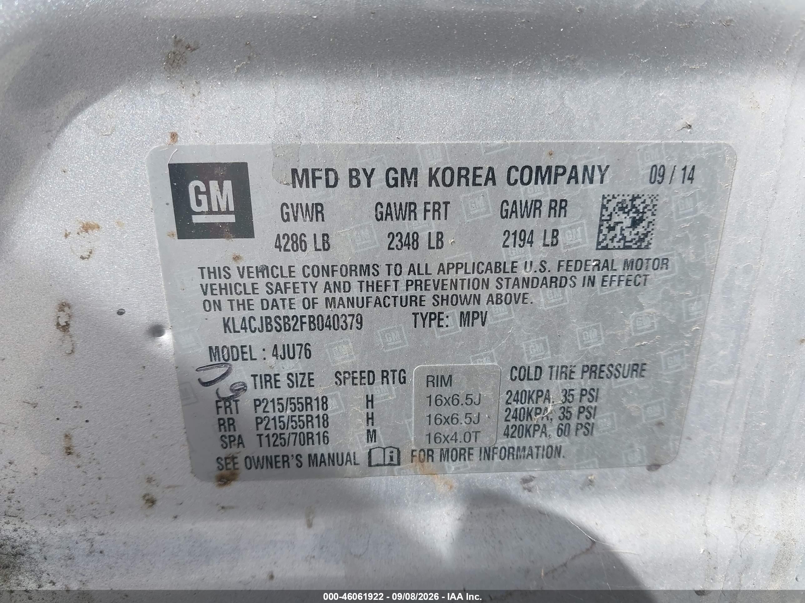 2015 Buick Encore VIN KL4CJBSB2FB040379 IAAI salvage auction — Normal Wear, Clear - Dealer Only (California), sold $775 on 2026-09-13 (photo 9)
