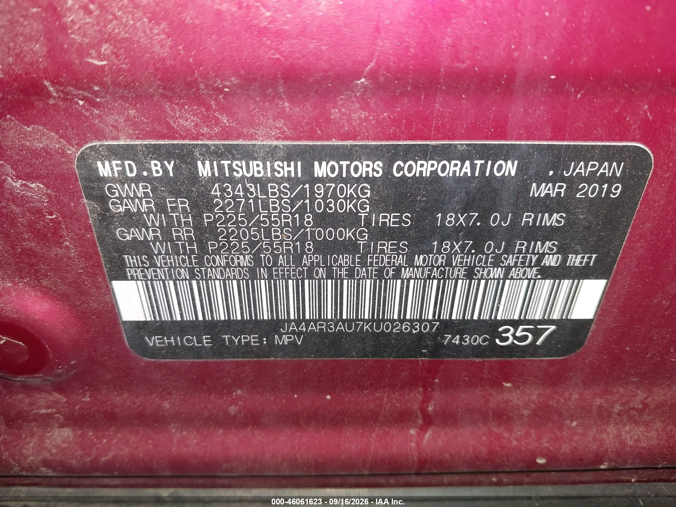 2019 Mitsubishi Outlander Sport VIN JA4AR3AU7KU026307 IAAI salvage auction — Front End, Salvage (Pennsylvania), sold $2,700 on 2026-09-23 (photo 9)