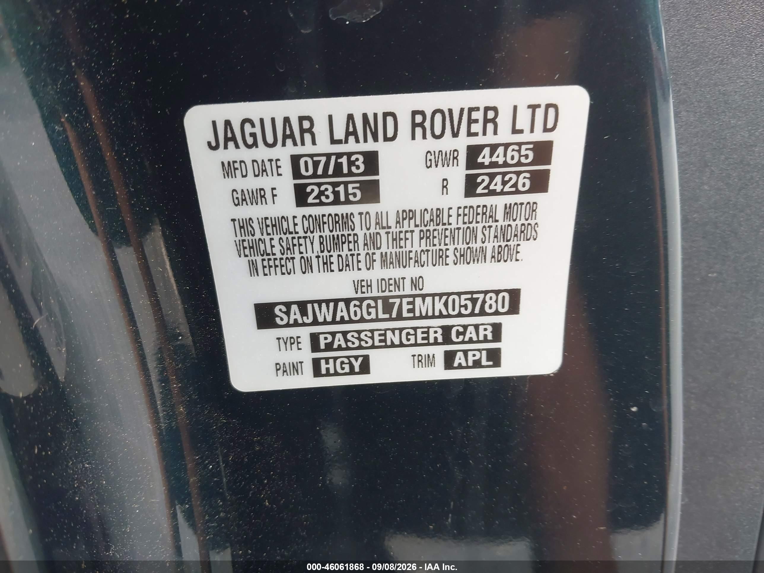 2014 Jaguar F-Type VIN SAJWA6GL7EMK05780 IAAI salvage auction — Unknown, Salvage (Virginia), sold $11,400 on 2026-09-13 (photo 9)
