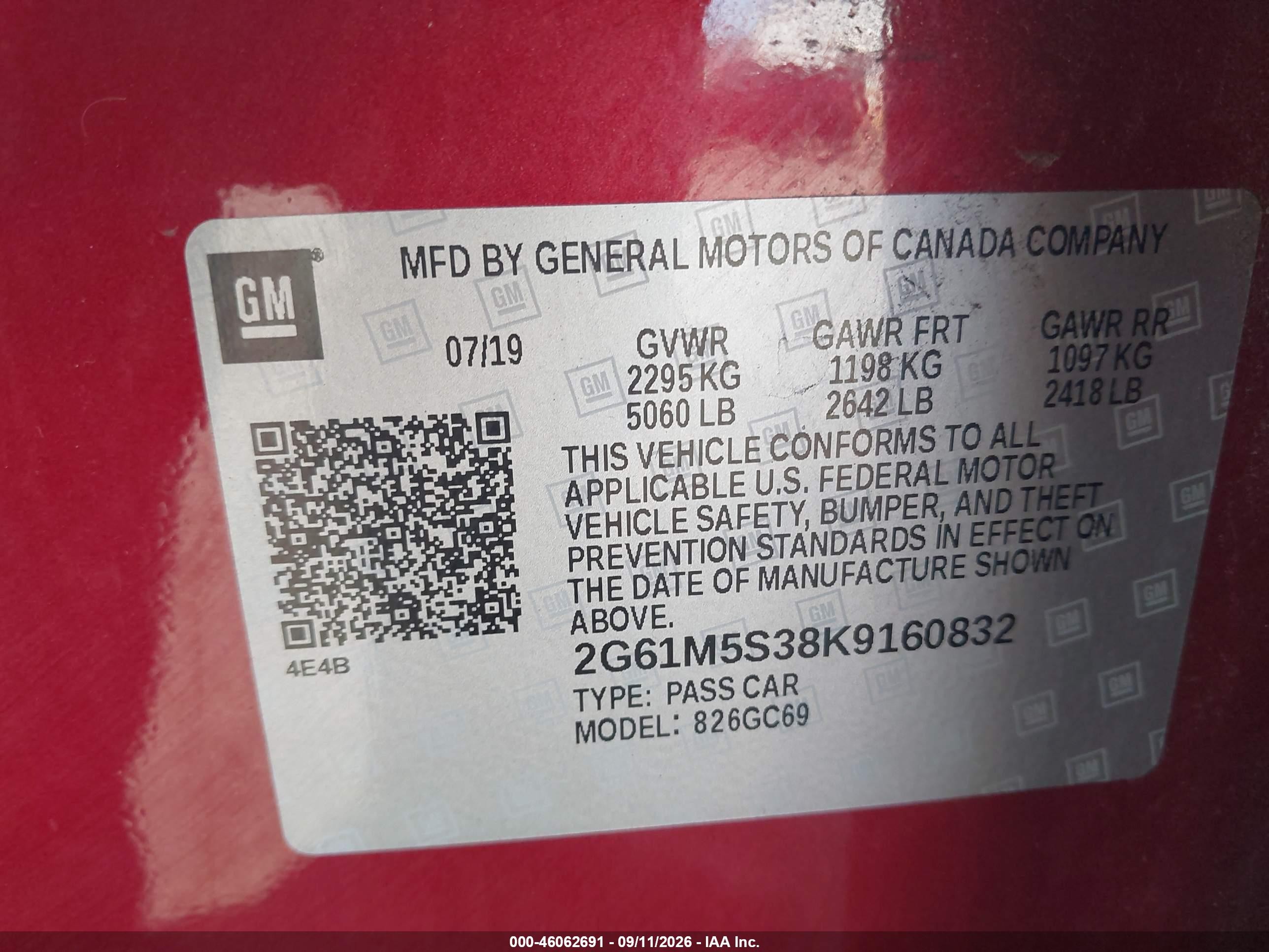 2019 Cadillac XTS VIN 2G61M5S38K9160832 IAAI salvage auction — Hail, Salvage (Ohio), sold $7,800 on 2026-09-19 (photo 9)