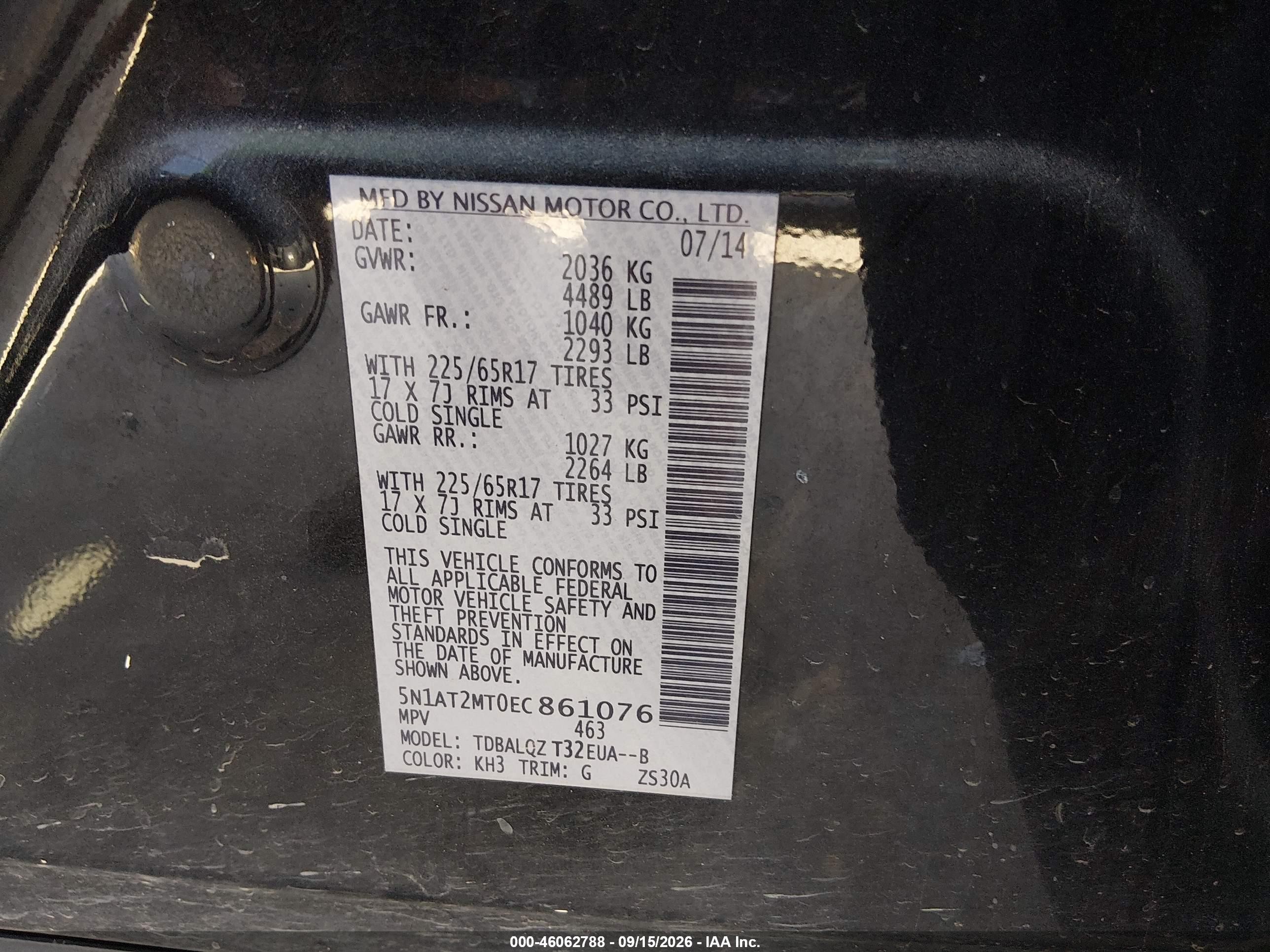 2014 Nissan Rogue VIN 5N1AT2MT0EC861076 IAAI salvage auction — Normal Wear, Original (Texas), sold $1,275 on 2026-09-28 (photo 9)