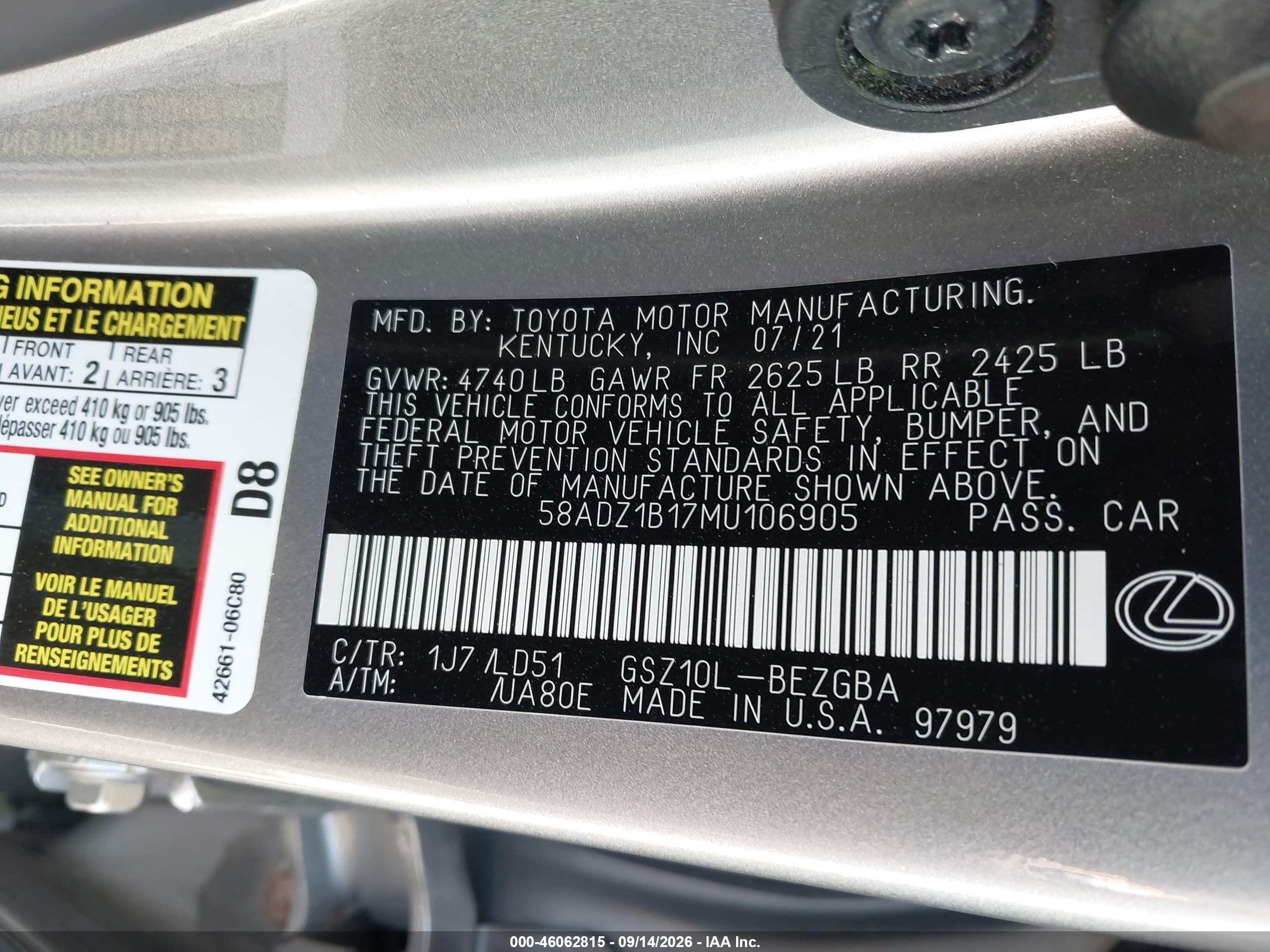 2021 Lexus ES VIN 58ADZ1B17MU106905 IAAI salvage auction — Front End, Salvage (Massachusetts), sold $18,700 on 2026-10-14 (photo 9)