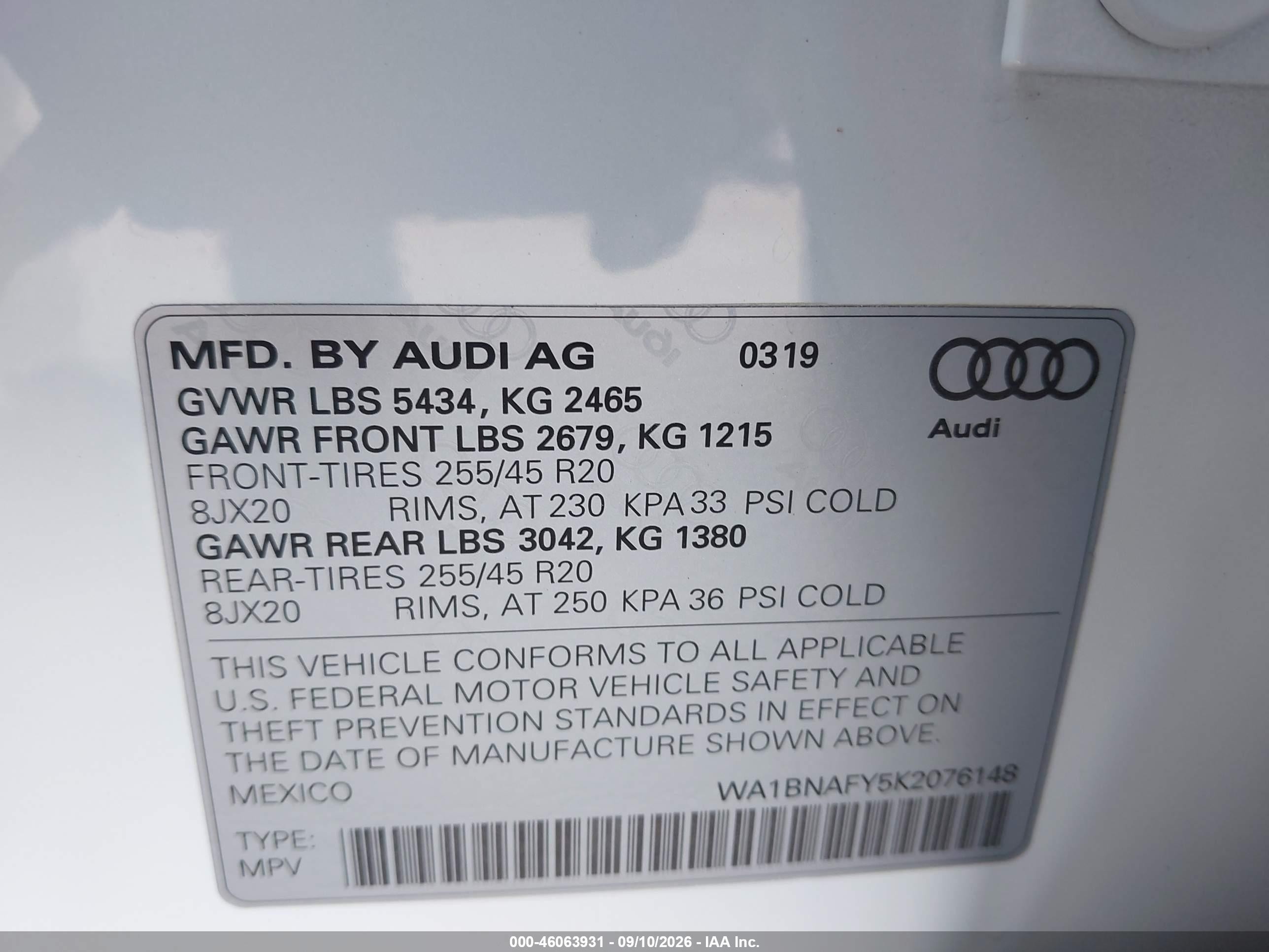 2019 Audi Q5 VIN WA1BNAFY5K2076148 IAAI salvage auction — Rear End, Salvage (Pennsylvania), sold $6,500 on 2026-09-27 (photo 9)