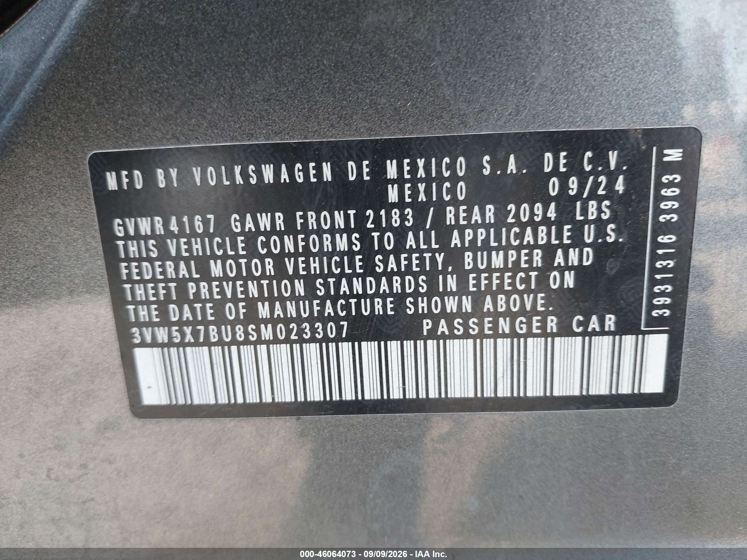2025 Volkswagen Jetta VIN 3VW5X7BU8SM023307 IAAI salvage auction — Front End, Enterprise Veh. Bill Of Sale -Parts Only (Washington), sold $4,750 on 2026-09-14 (photo 9)