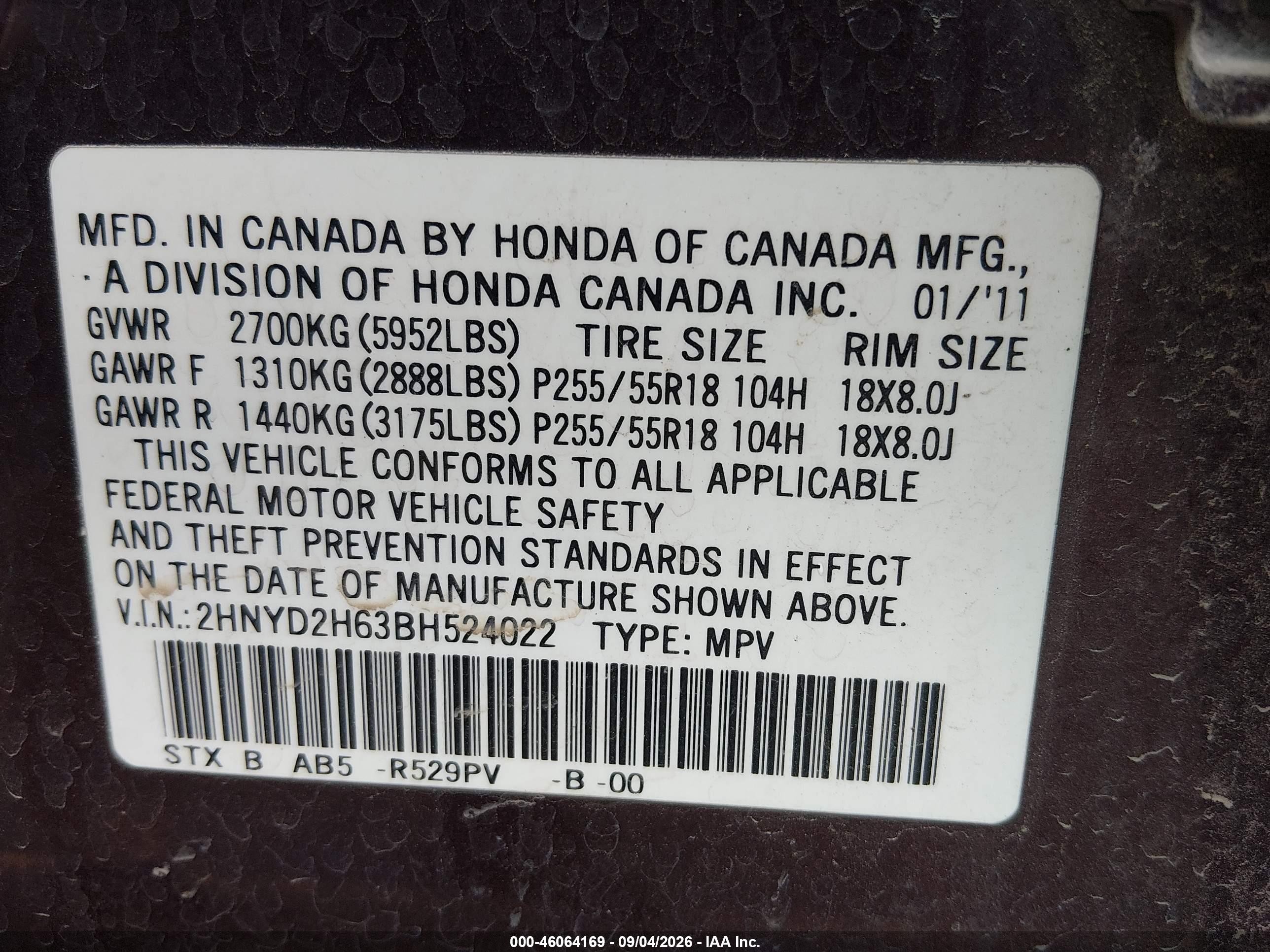 2011 Acura Mdx VIN 2HNYD2H63BH524022 IAAI salvage auction — Normal Wear, Clear (Idaho), sold $1,075 on 2026-09-23 (photo 9)