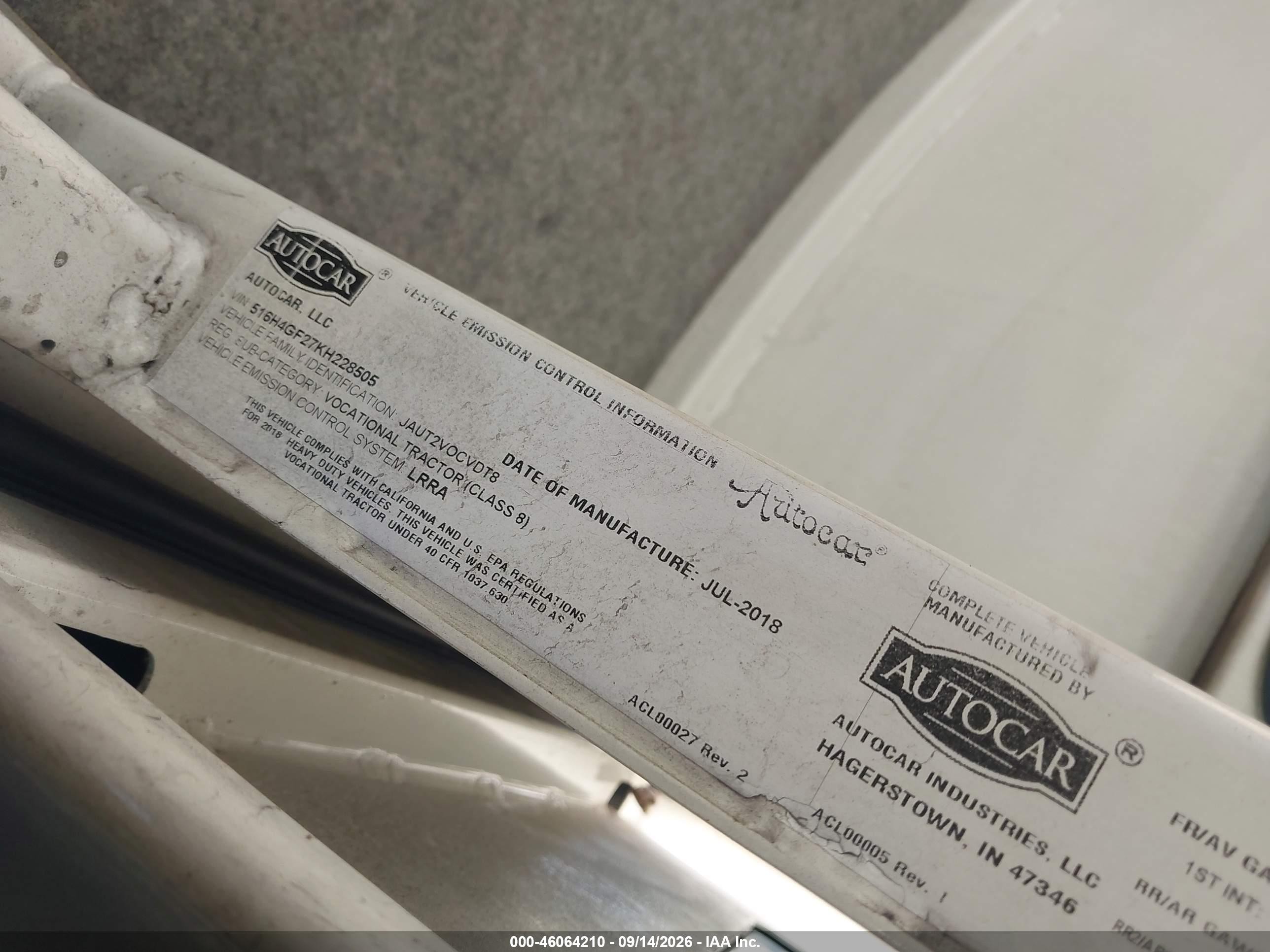 2019 Autocar Llc Xspotter-On VIN 516H4GF27KH228505 IAAI salvage auction — Unknown, Clear (Utah), sold $1,900 on 2026-09-23 (photo 8)