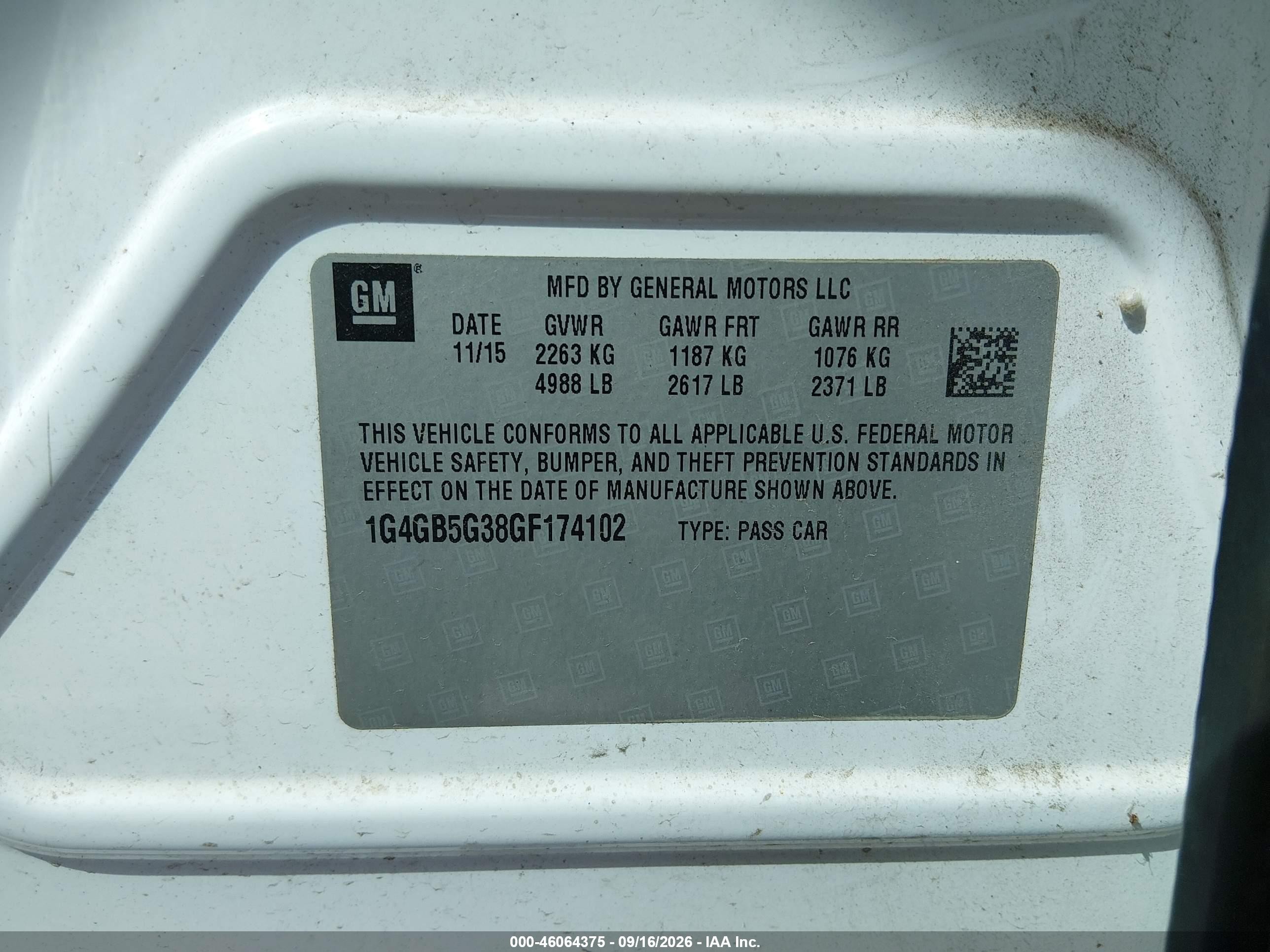 2016 Buick Lacrosse VIN 1G4GB5G38GF174102 IAAI salvage auction — Vandalized, Salvage (Louisiana), sold $2,350 on 2026-10-01 (photo 9)
