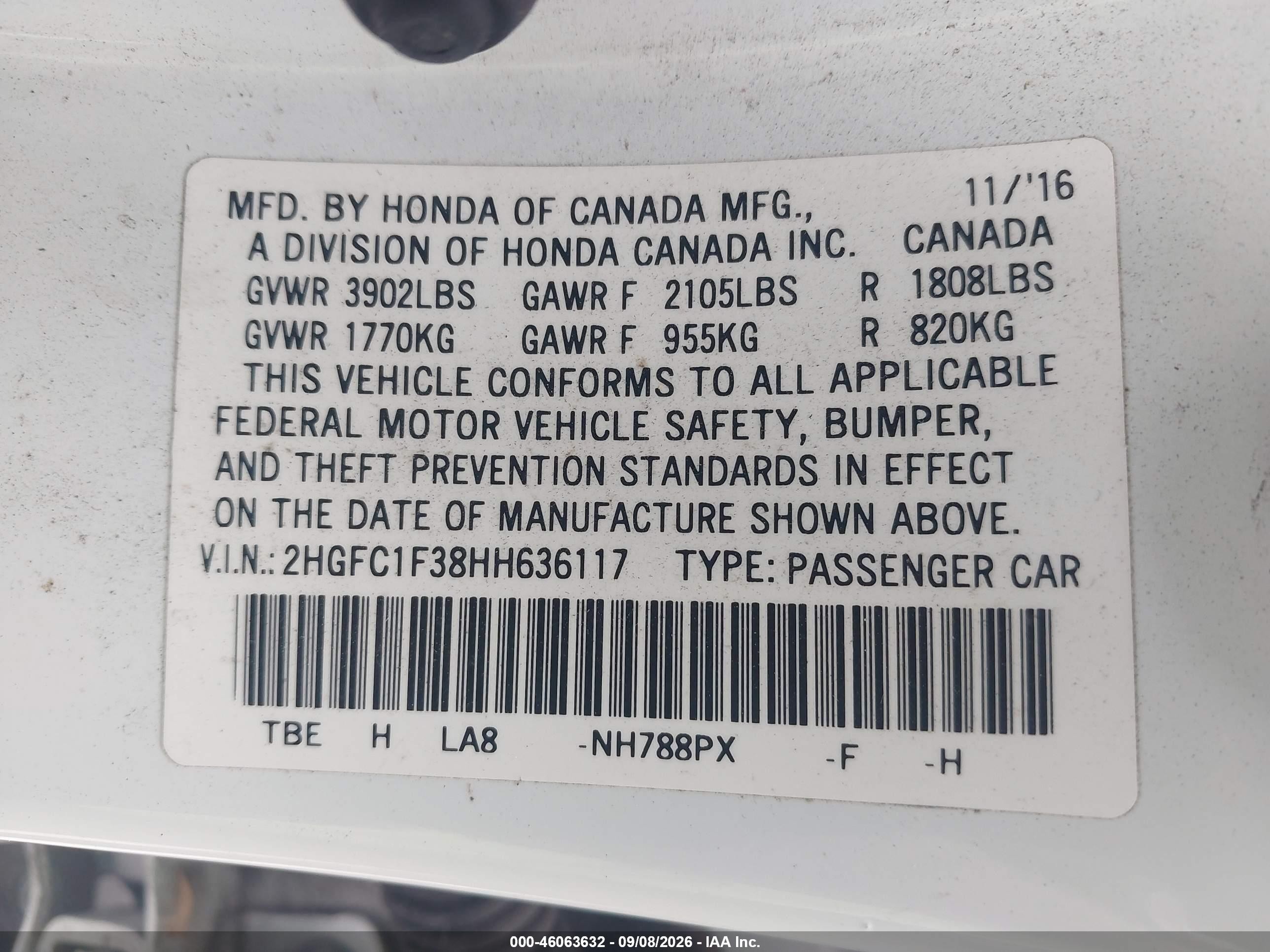 2017 Honda Civic VIN 2HGFC1F38HH636117 IAAI salvage auction — Front & Rear, Salvage (California), sold $3,350 on 2026-09-13 (photo 9)