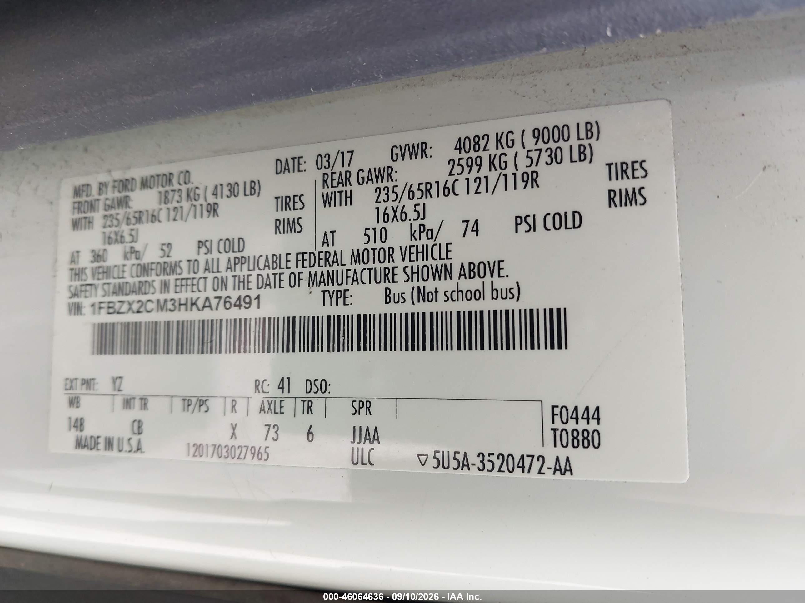 2017 Ford Transit-350 VIN 1FBZX2CM3HKA76491 IAAI salvage auction — Top/Roof, Salvage (Pennsylvania), sold $8,600 on 2026-09-25 (photo 9)